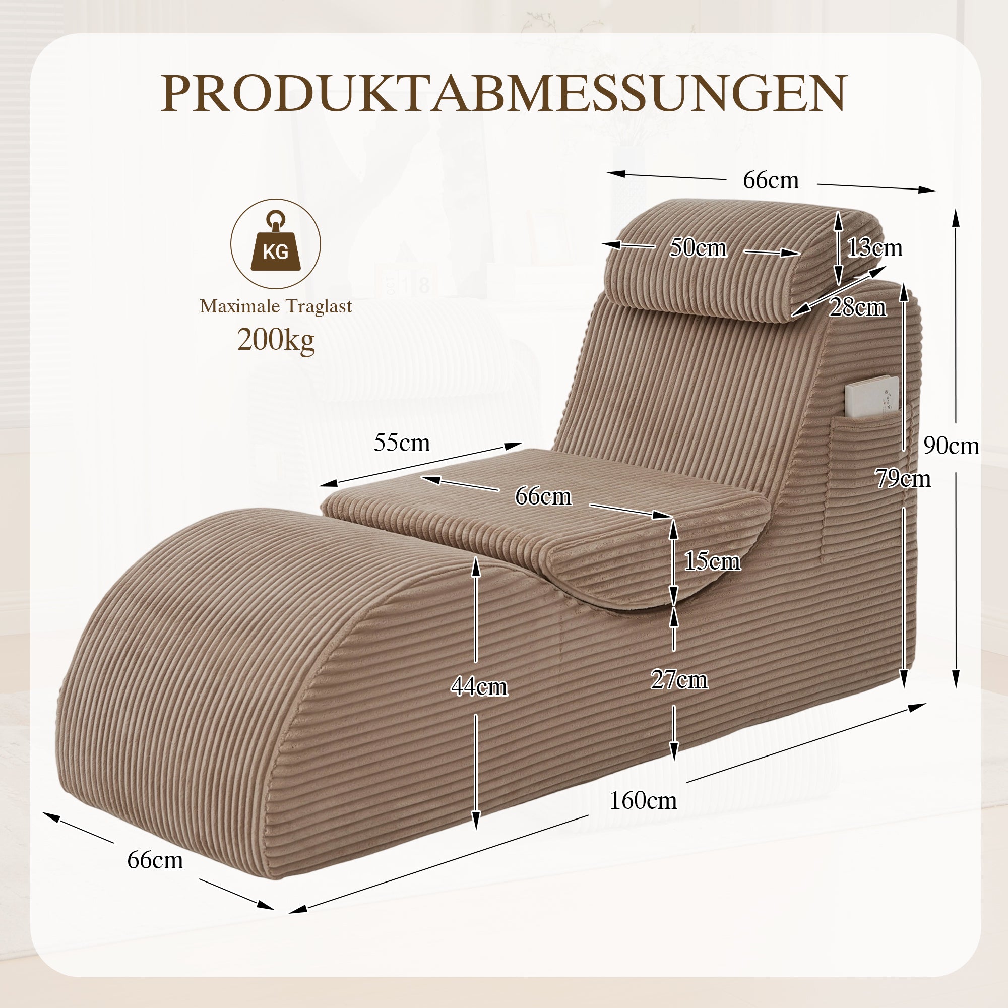 Modern Leisure Chair with Ergonomic Design and Side Pocket, Khaki Corduroy
