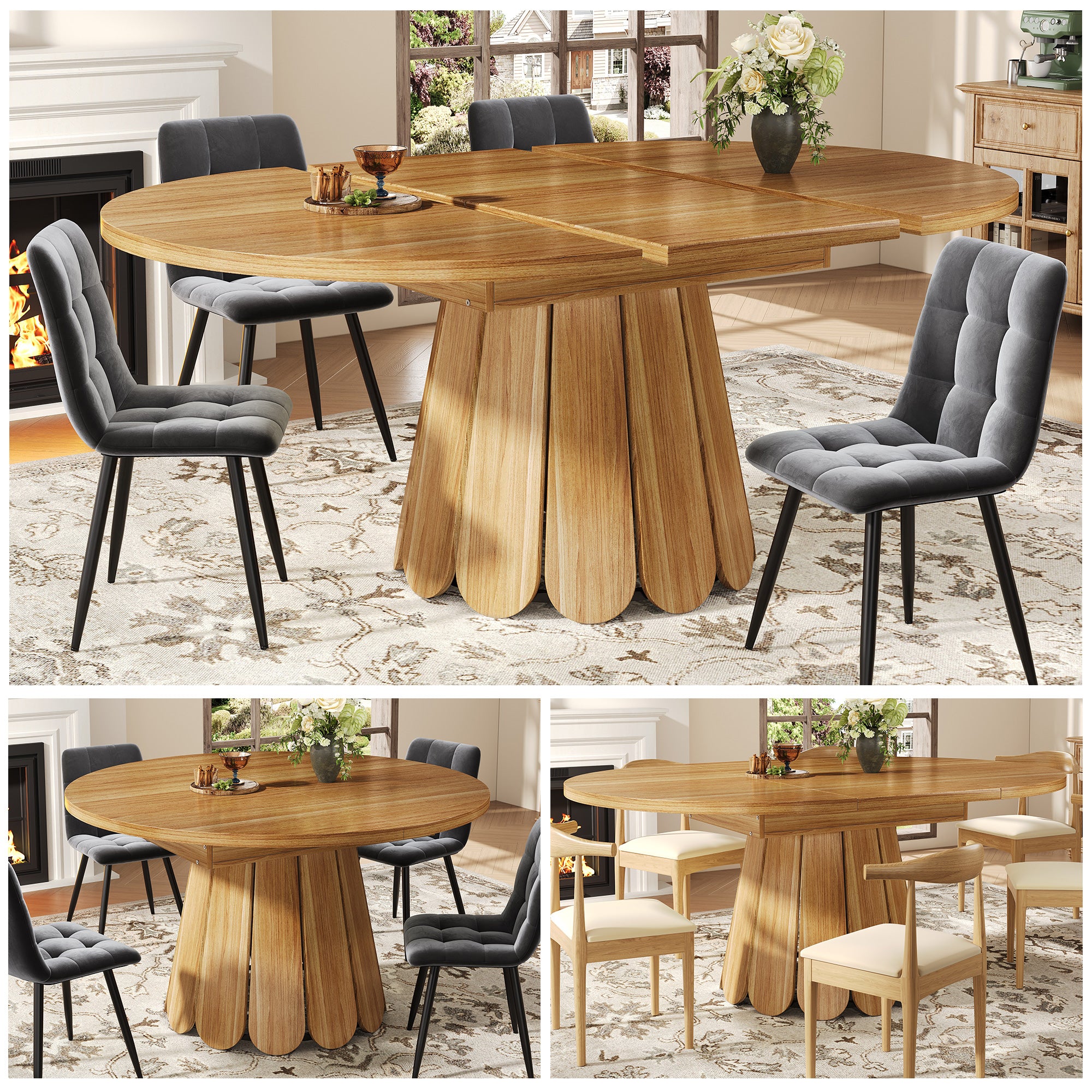 Extendable Round Dining Table 118-158cm 6 Seater - Brown Wood