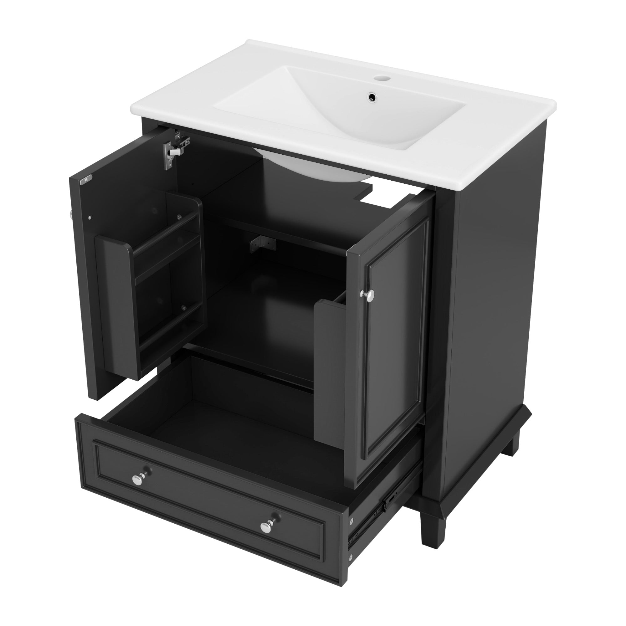 Bathroom Vanity Unit with Ceramic Sink and Solid Wood Legs, White and Black