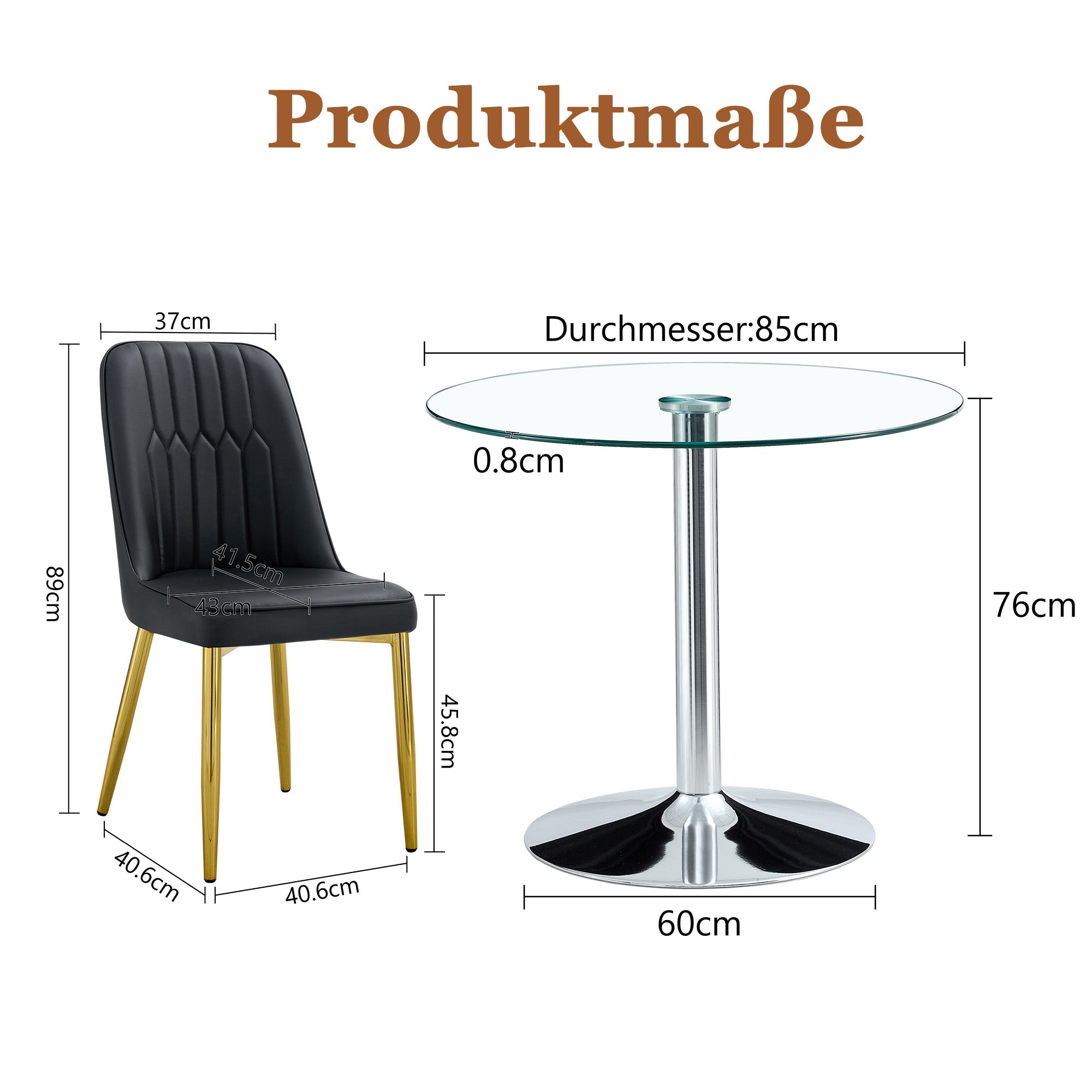 Dining Table Set, Minimalist 85cm Tempered Glass & 4 Chairs, Black PU/Gold Metal