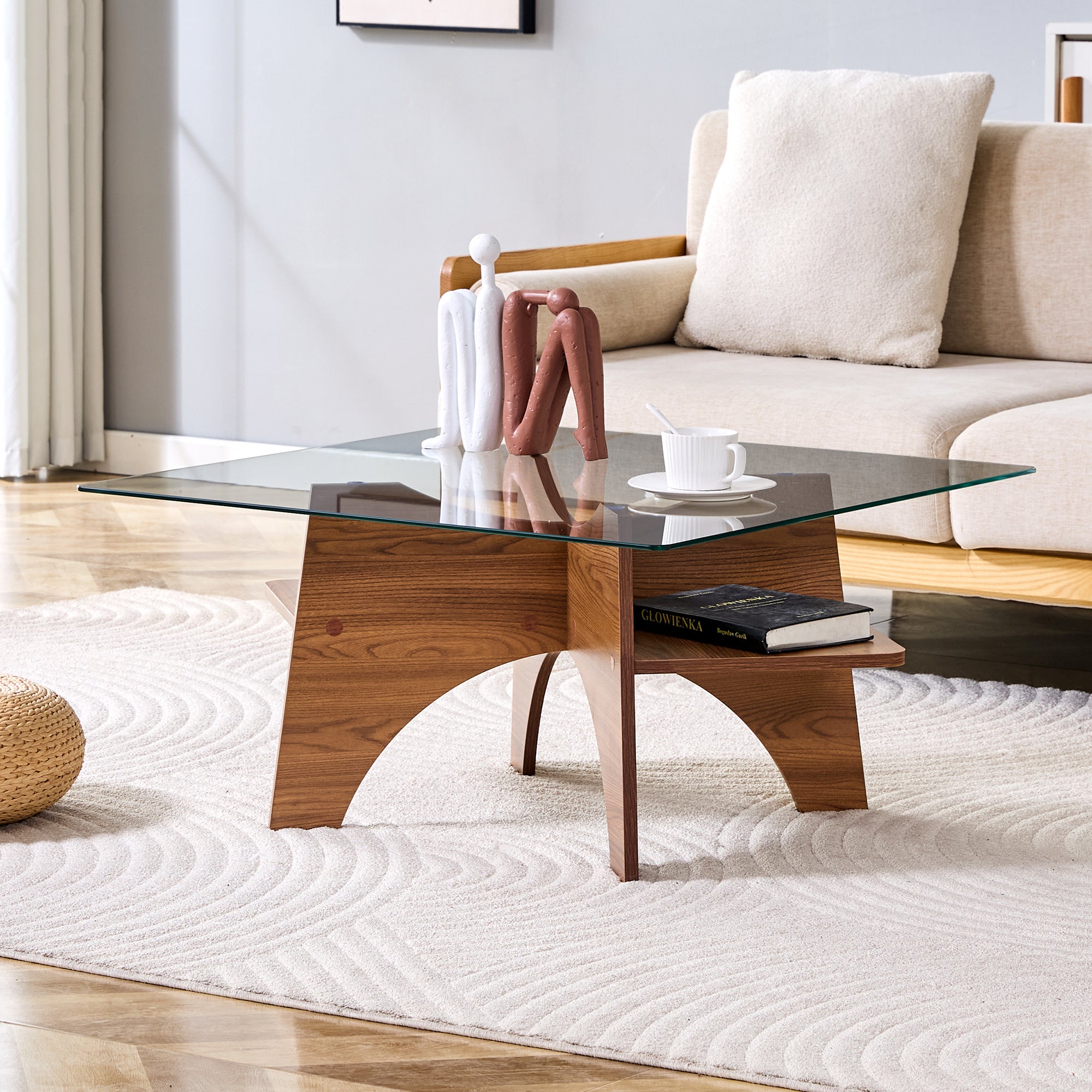 Square Side Table 80cm Tempered Glass MDF Legs - Walnut Finish