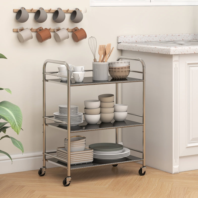 Kitchen Storage Trolley 3 Tier Adjustable Shelf Stainless Steel - Silver