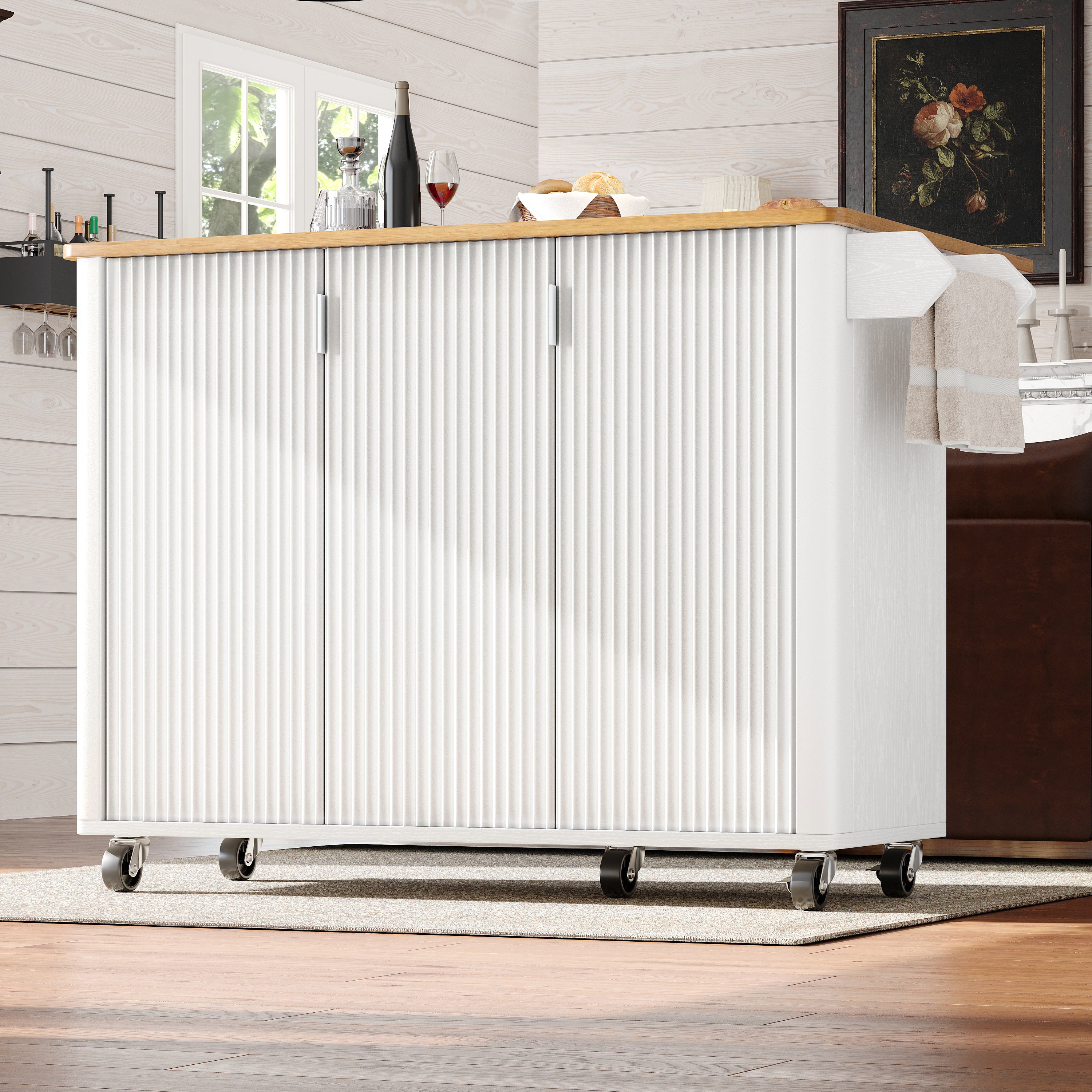 Kitchen Island Trolley Extendable on Wheels Buffet Storage Adjustable Dividers 3 Doors White/Black