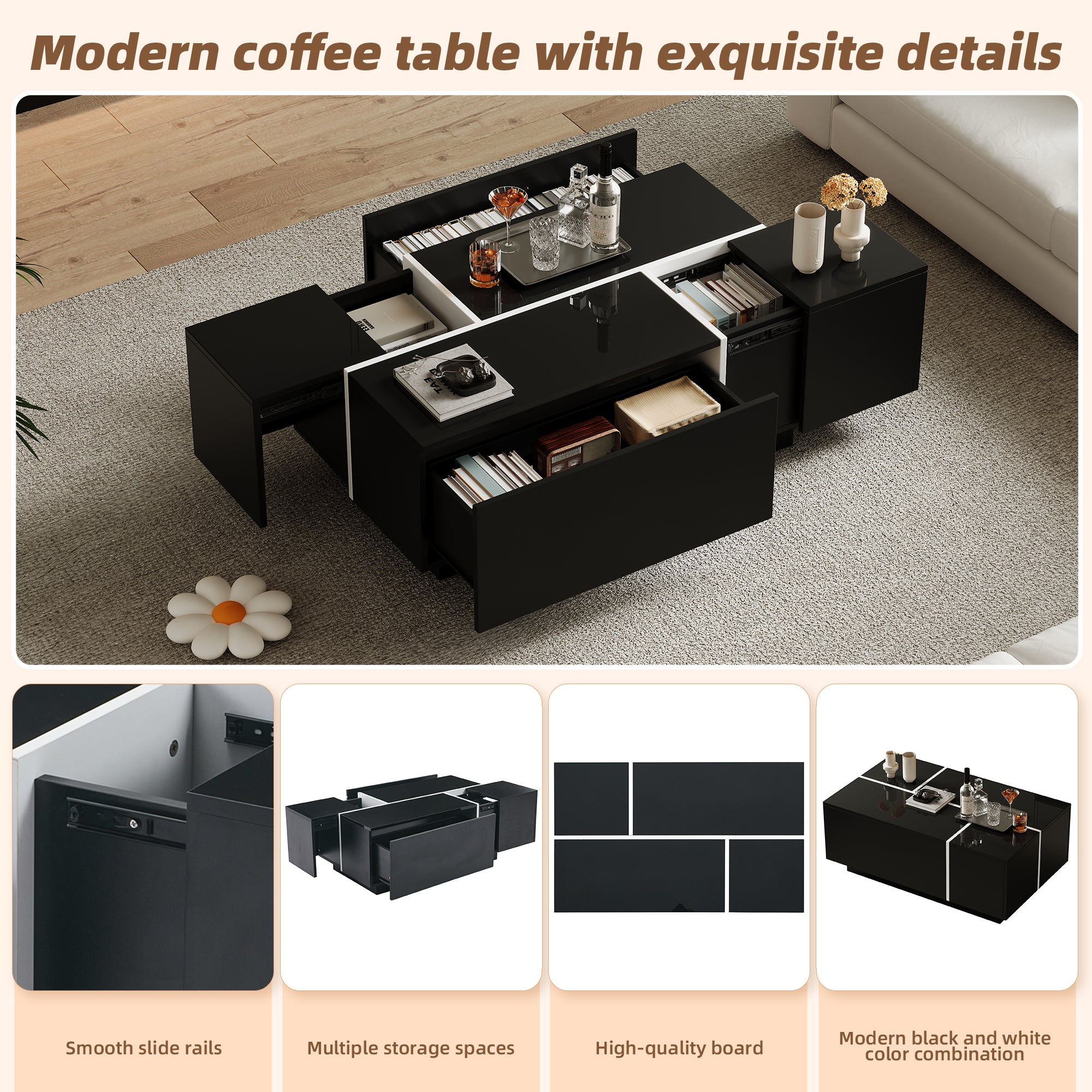 Coffee Table, Modern Square with 4 Drawers & Sliding Top, Black High-Gloss