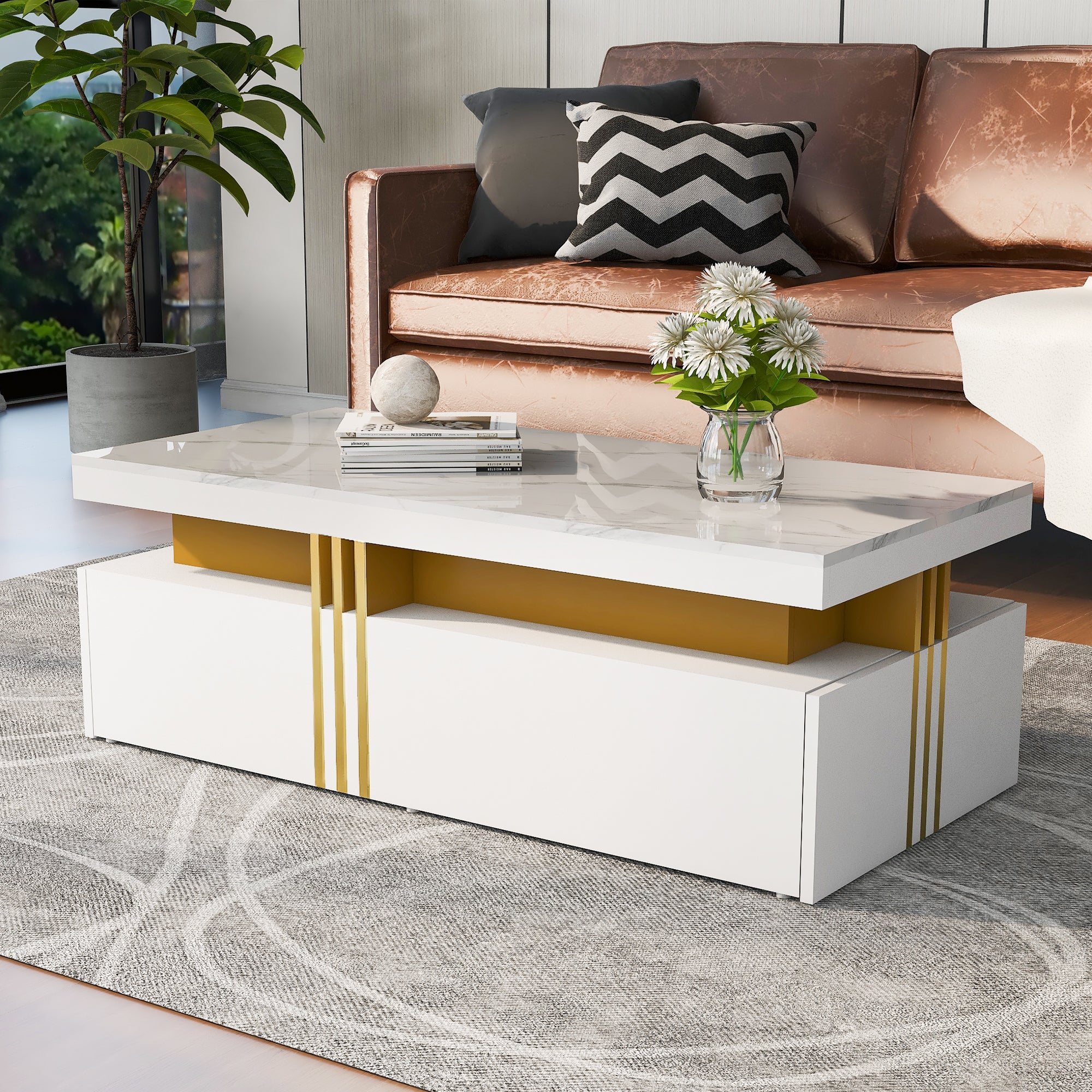 Modern rectangular coffee table with high gloss top and 2 wooden drawers, marble tabletop