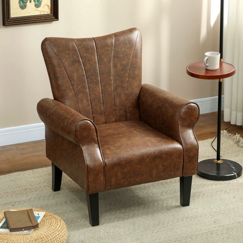 Upholstered Accent Chair with Rolled Arms and Wood Legs, Brown