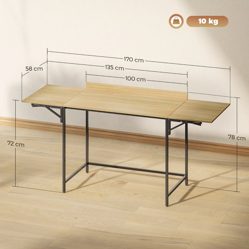 Folding Computer Desk with 2 Pull-out Panels and Sturdy Metal Legs, Oak+Black
