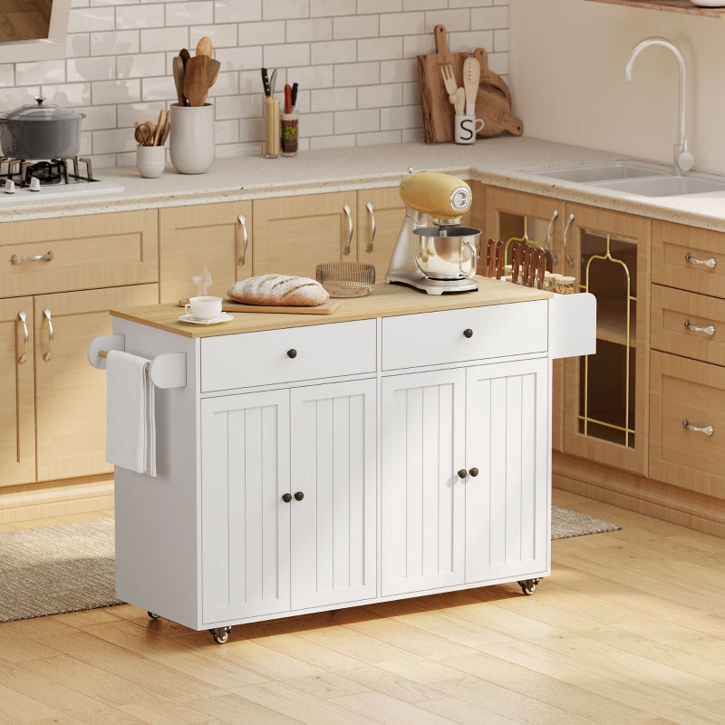 Rolling Kitchen Island 2 Drawers 2 Cabinets Spice Towel Knife Storage - White MDF