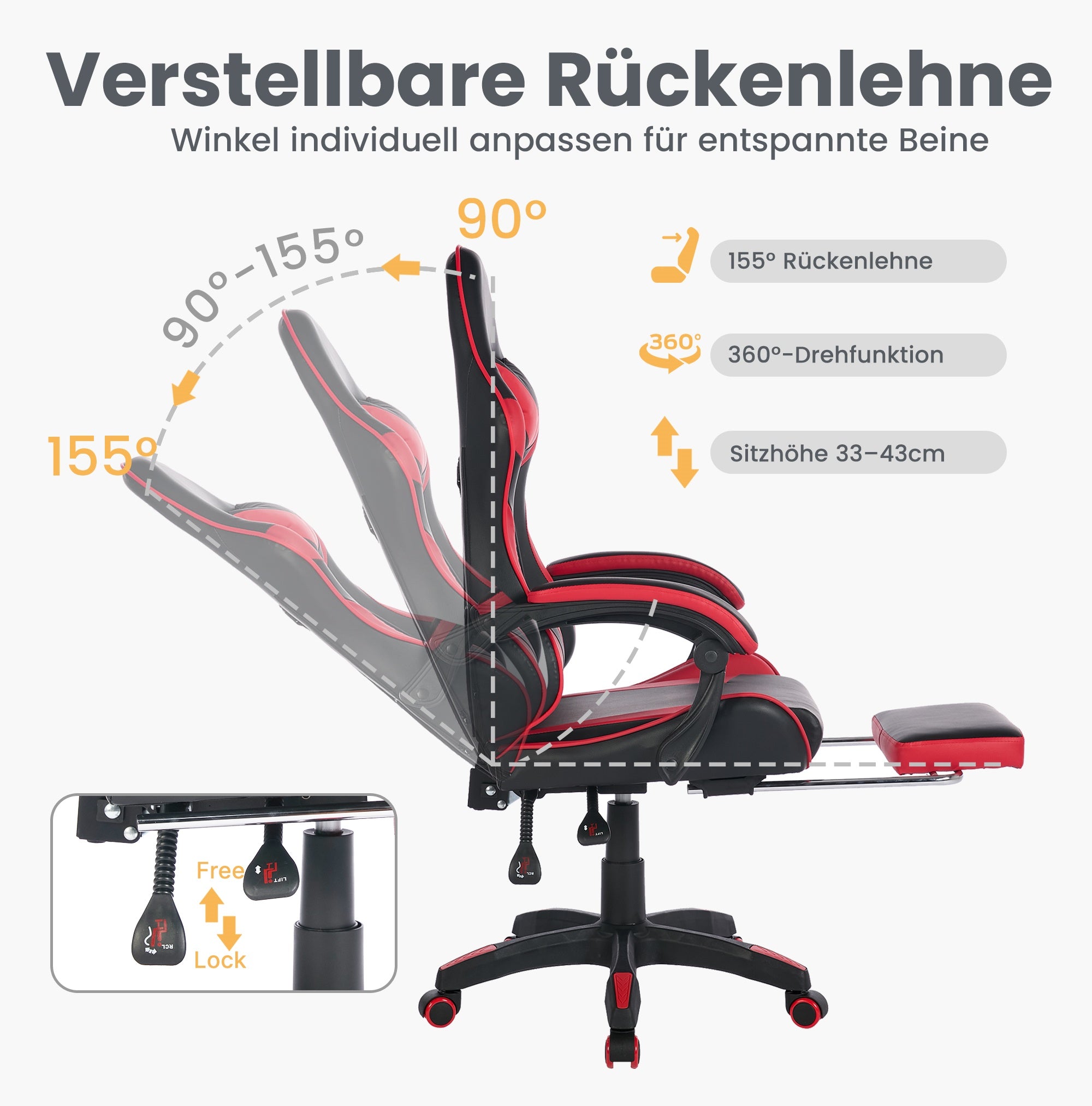 360° Swivel Gaming Chair Ergonomic Racing Design High-Back Height-Adjustable with Footrest and Lumbar Support – Black & Red Leather