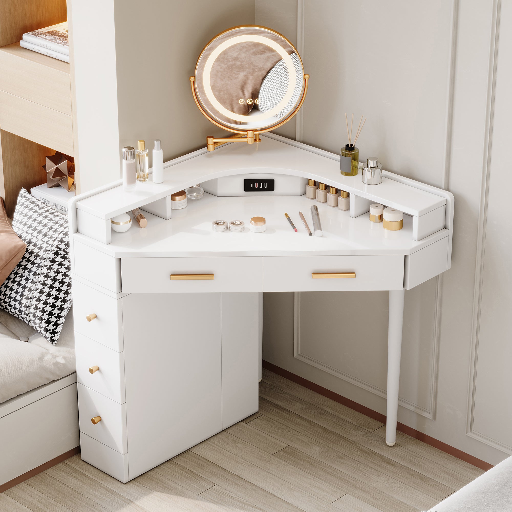 Corner Dressing Table Rotating LED Mirror 5 Drawers USB-C Ports White