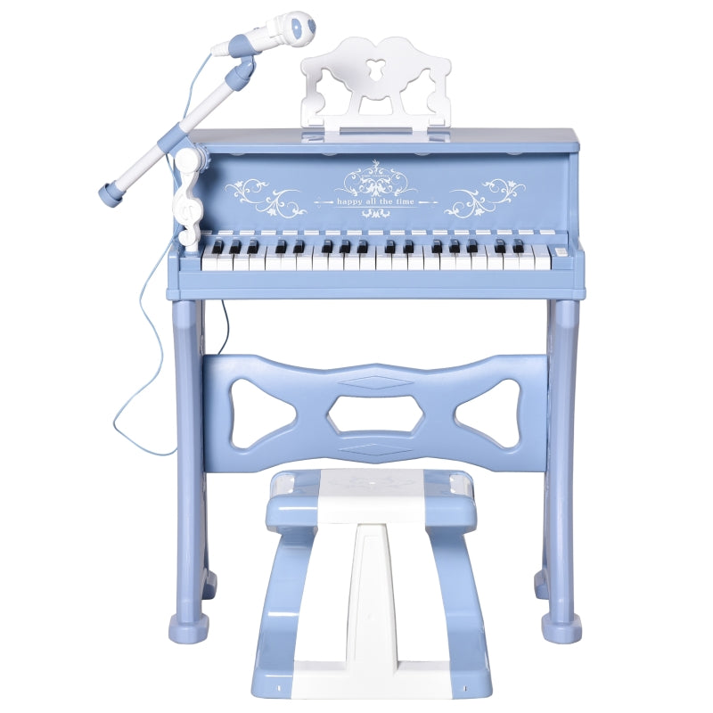 Kids Piano Mini Electronic Keyboard Grand Piano Toy Set with Stool & Microphone - Blue