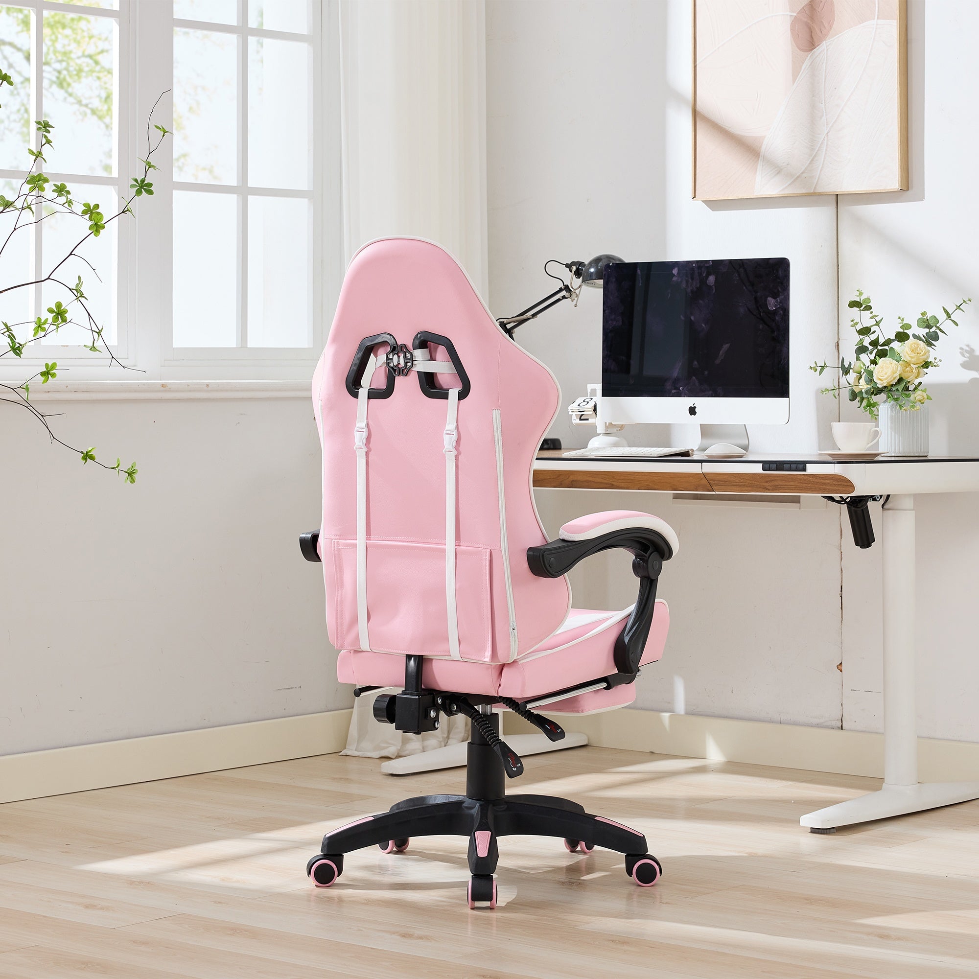 Gaming Chair 360° Swivel Ergonomic Racing High-Back Adjustable with Footrest and Lumbar Support – White & Pink Leather