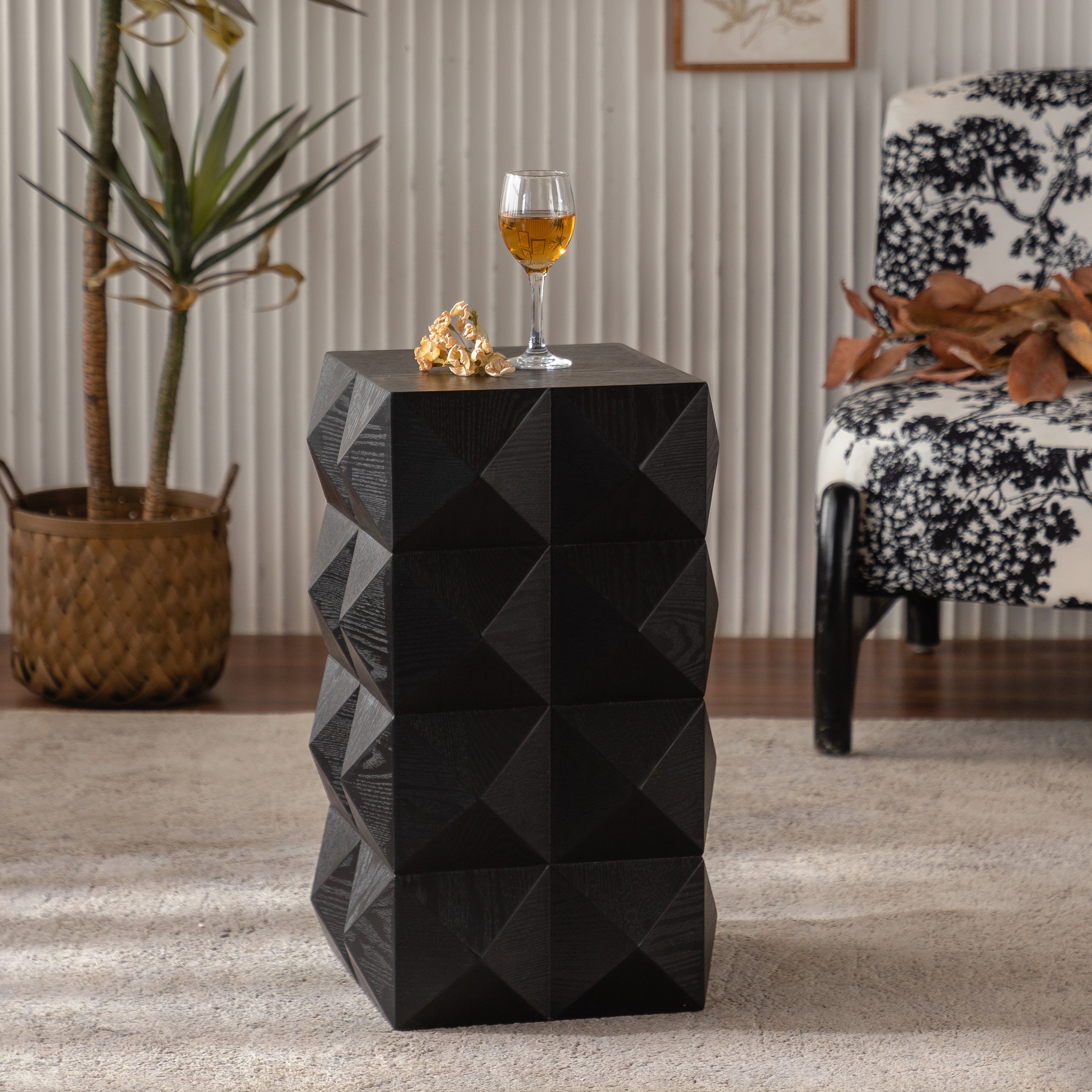 Retro Side Table - 60CM Height, Embossed Pattern, Wooden, Black
