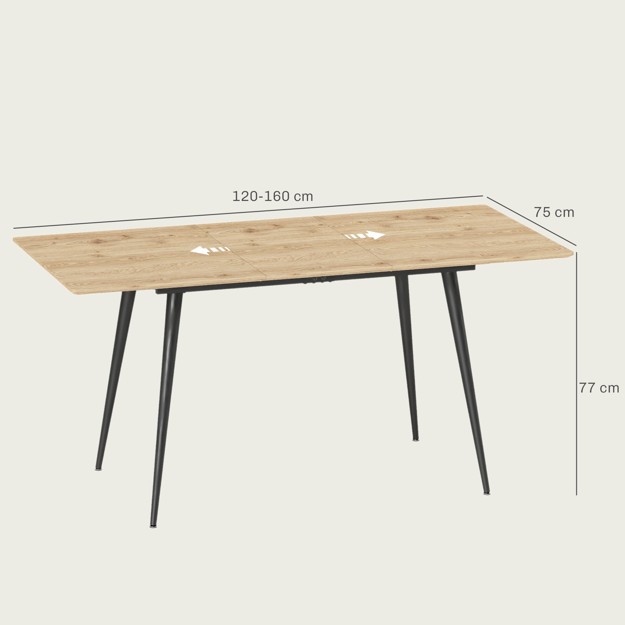 Extendable Dining Table 120/160 cm, 6-8 Person Kitchen Table Steel Legs, Natural Finish