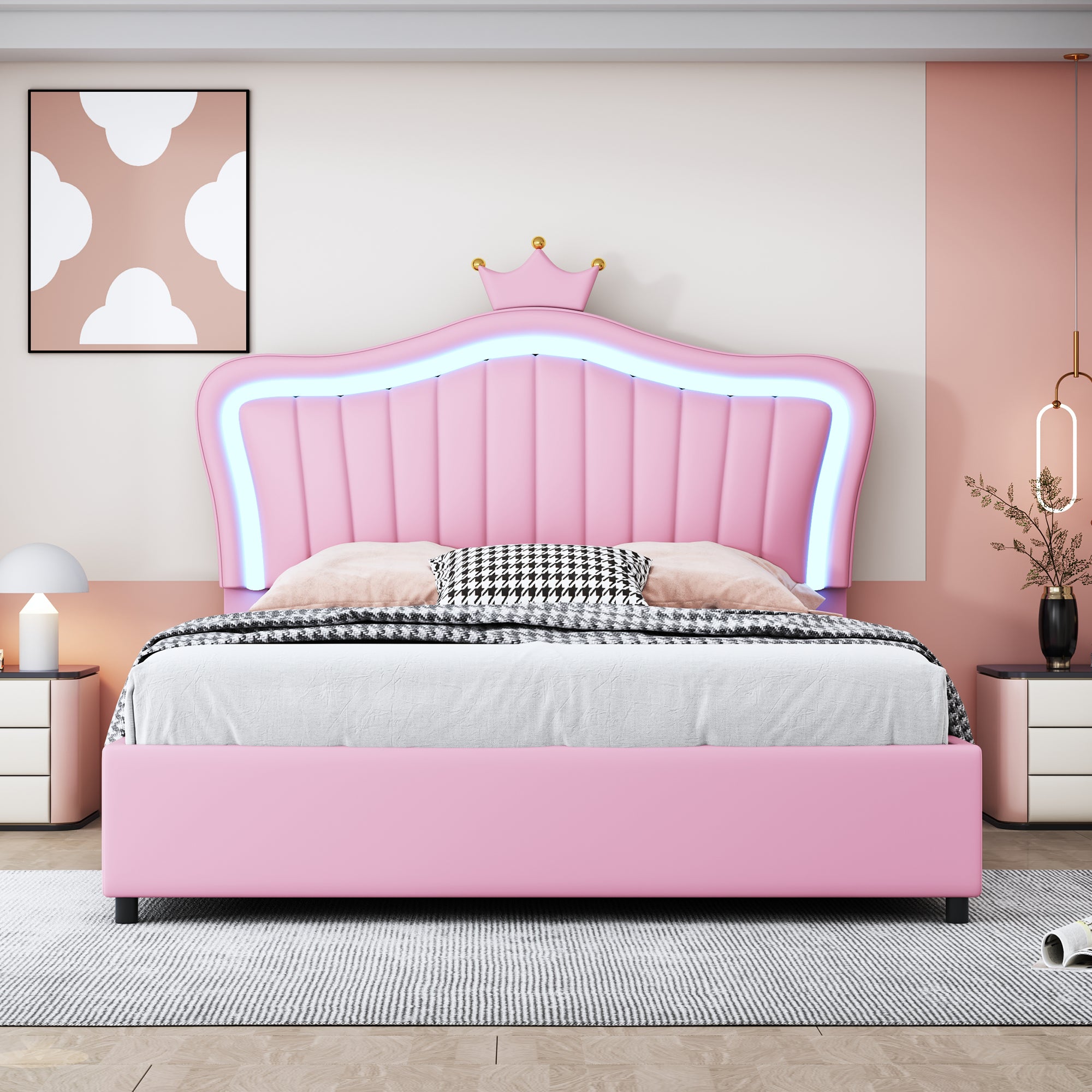 Children's Bed, 140x200cm Hydraulic Storage, LED, Pink PU Leather