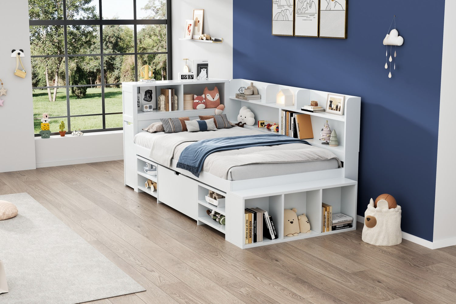 Children's Single Bed 90x200cm Storage Drawers Bookshelf - White
