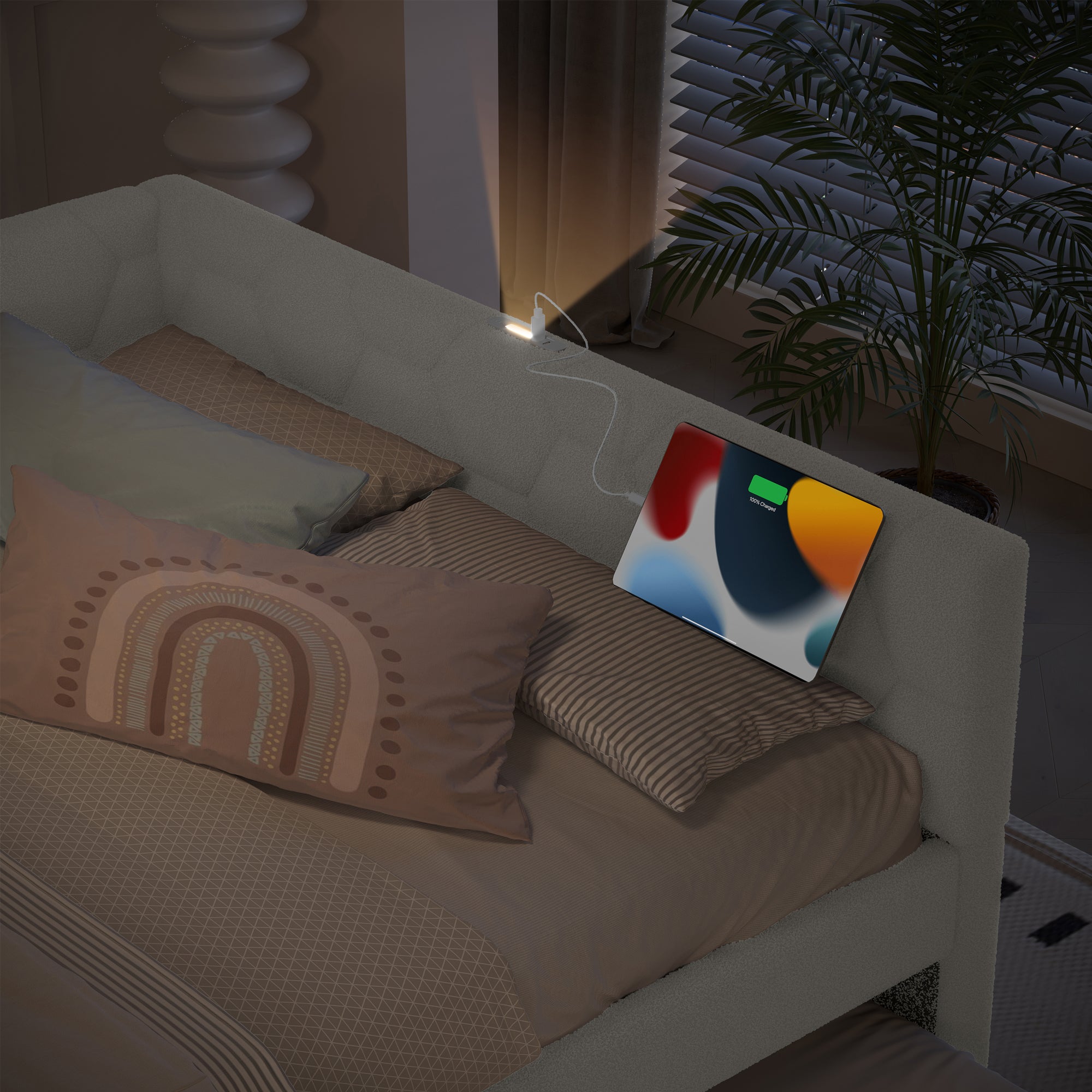 Daybed 140*200cm, Sofa Bed, Bed with Slatted Frame, Pull-out Bed, USB Port, Type-C, Fleece, White