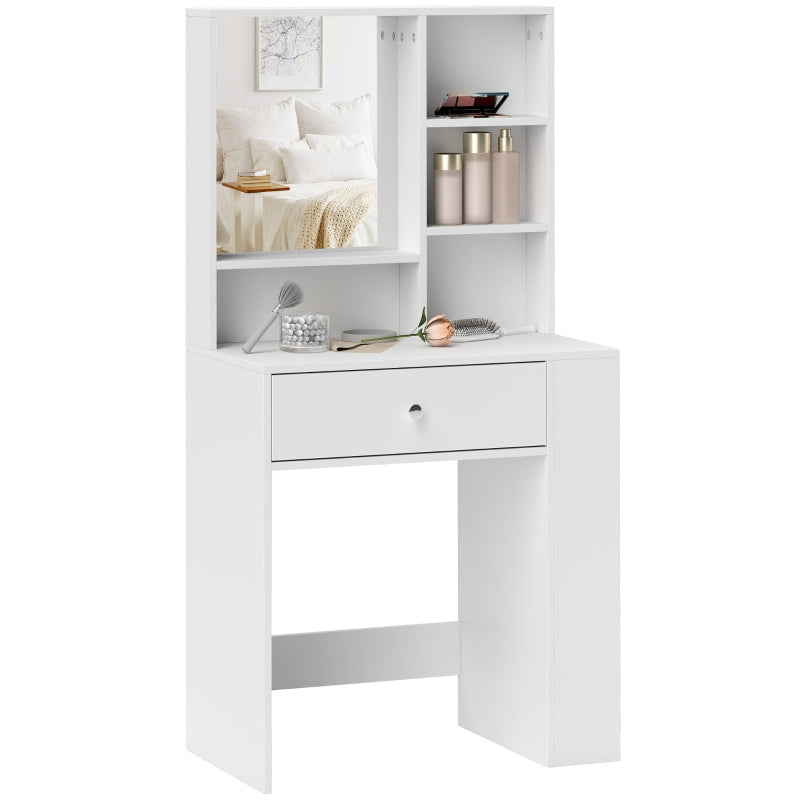Dressing table with mirror, drawer, 3-tier side shelf, white chipboard
