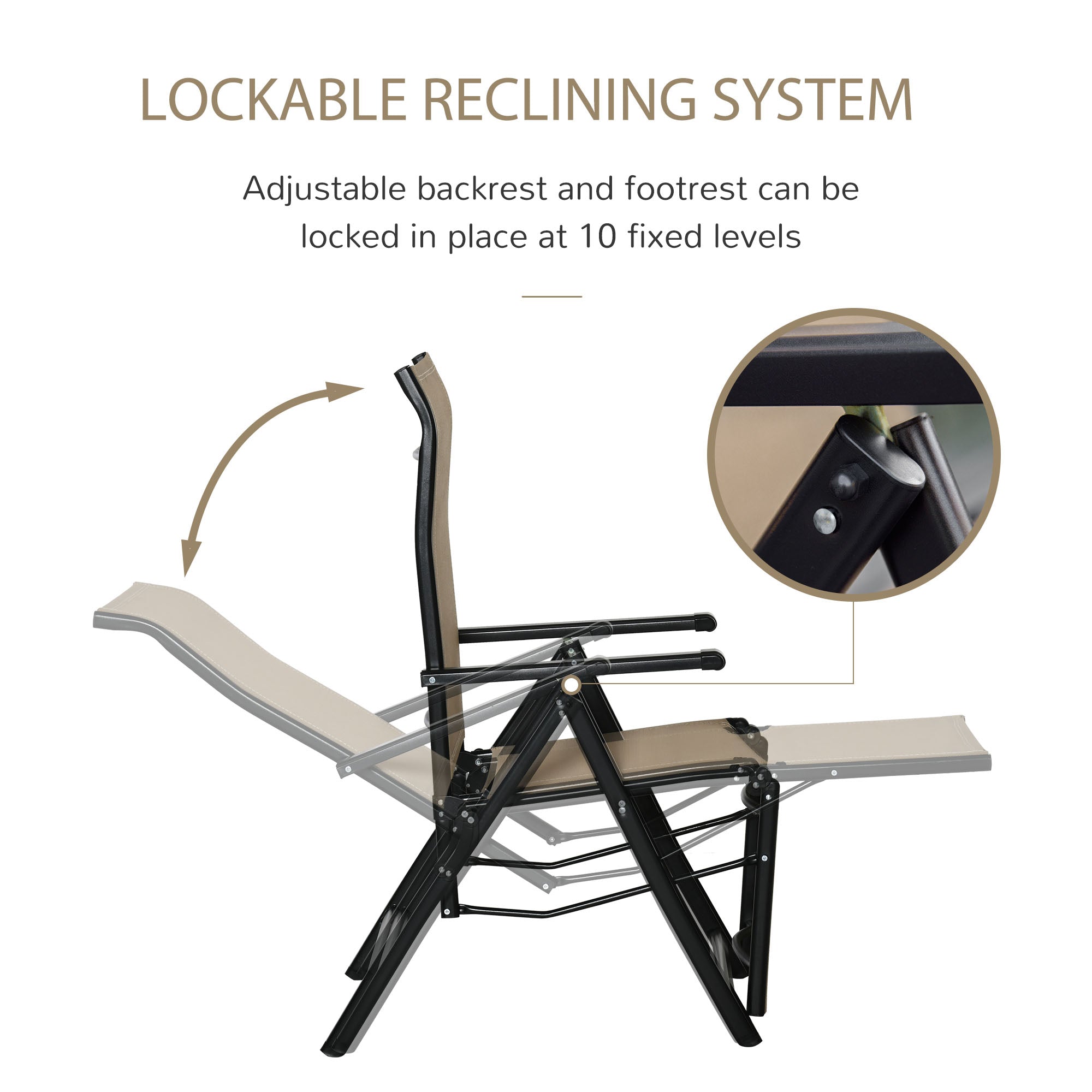 Outdoor Sun Lounger Set of 2, 10-Position Adjustable Folding with Footrest, Beige Texteline