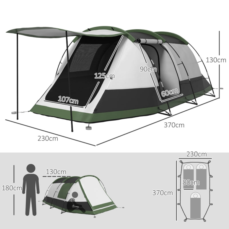Three-Man Camping Tent Two Rooms and Porch Green