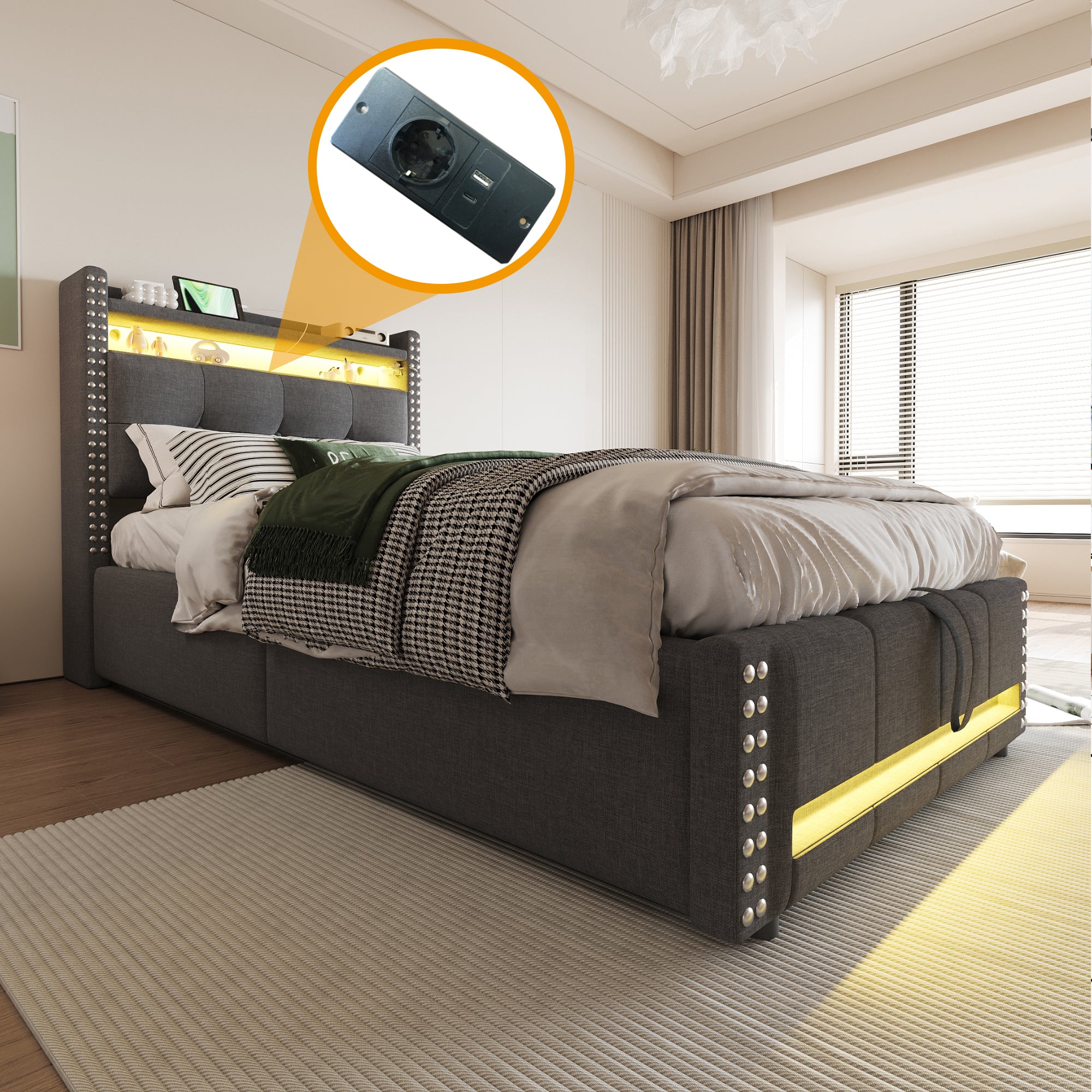 Upholstered Children's Bed 90x200cm, LED & USB, Storage Headboard, Grey Linen