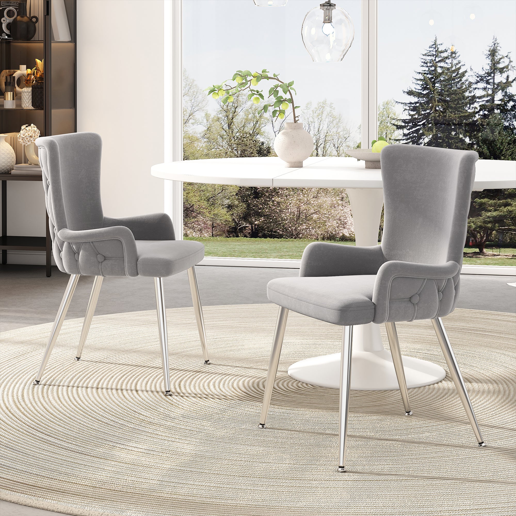 Velvet Dining Chair Set of 2, Luxurious Lounge Chair with Silver Metal Legs, Grey Velvet