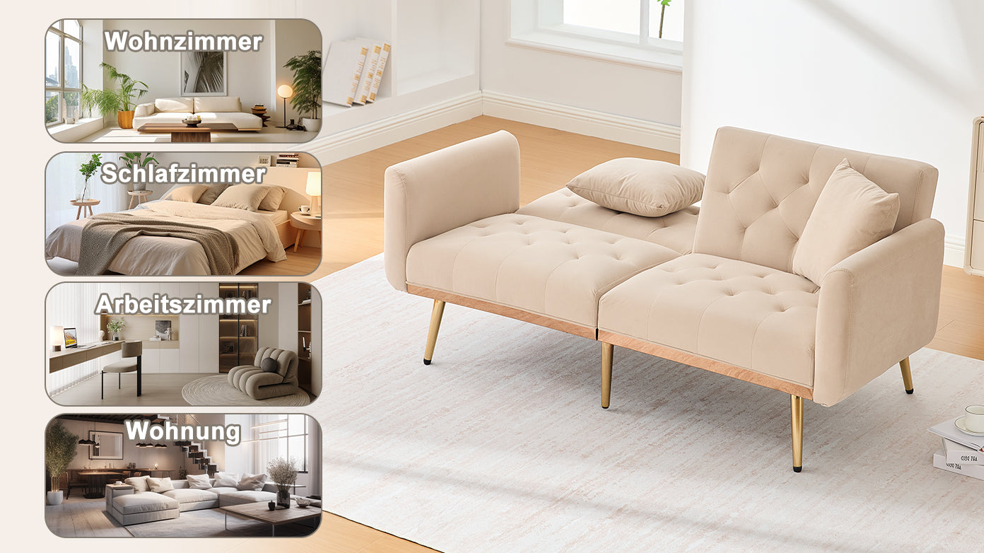 Double Sofa, Modern Velvet Sofa Bed with Adjustable Backrest, Beige