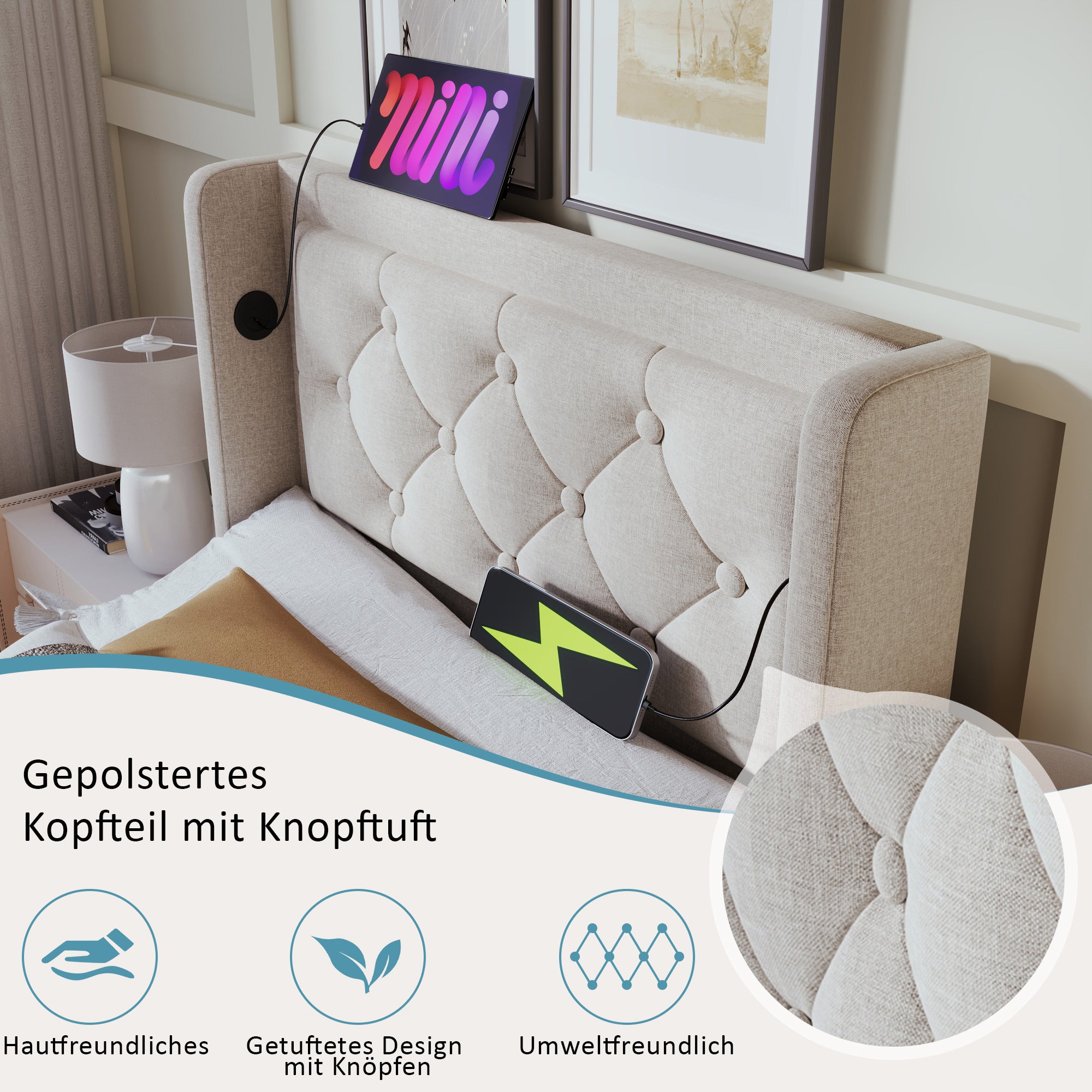 Upholstered Single Bed, 90x200cm Hydraulic Storage with USB & LED, Beige Cotton