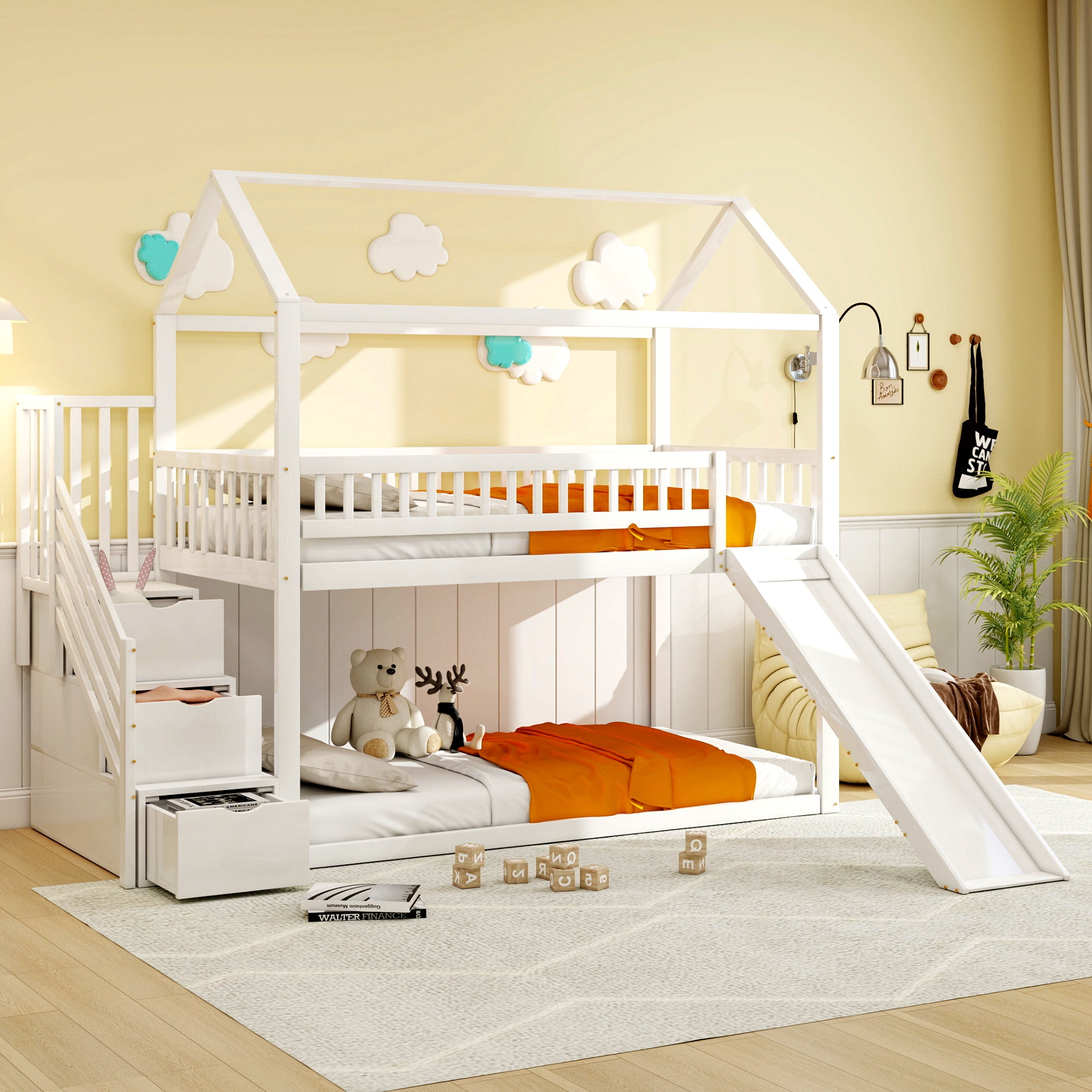 Children's Bunk Bed 90x200 cm, Loft with Slide & Storage Ladder, Solid Wood, White