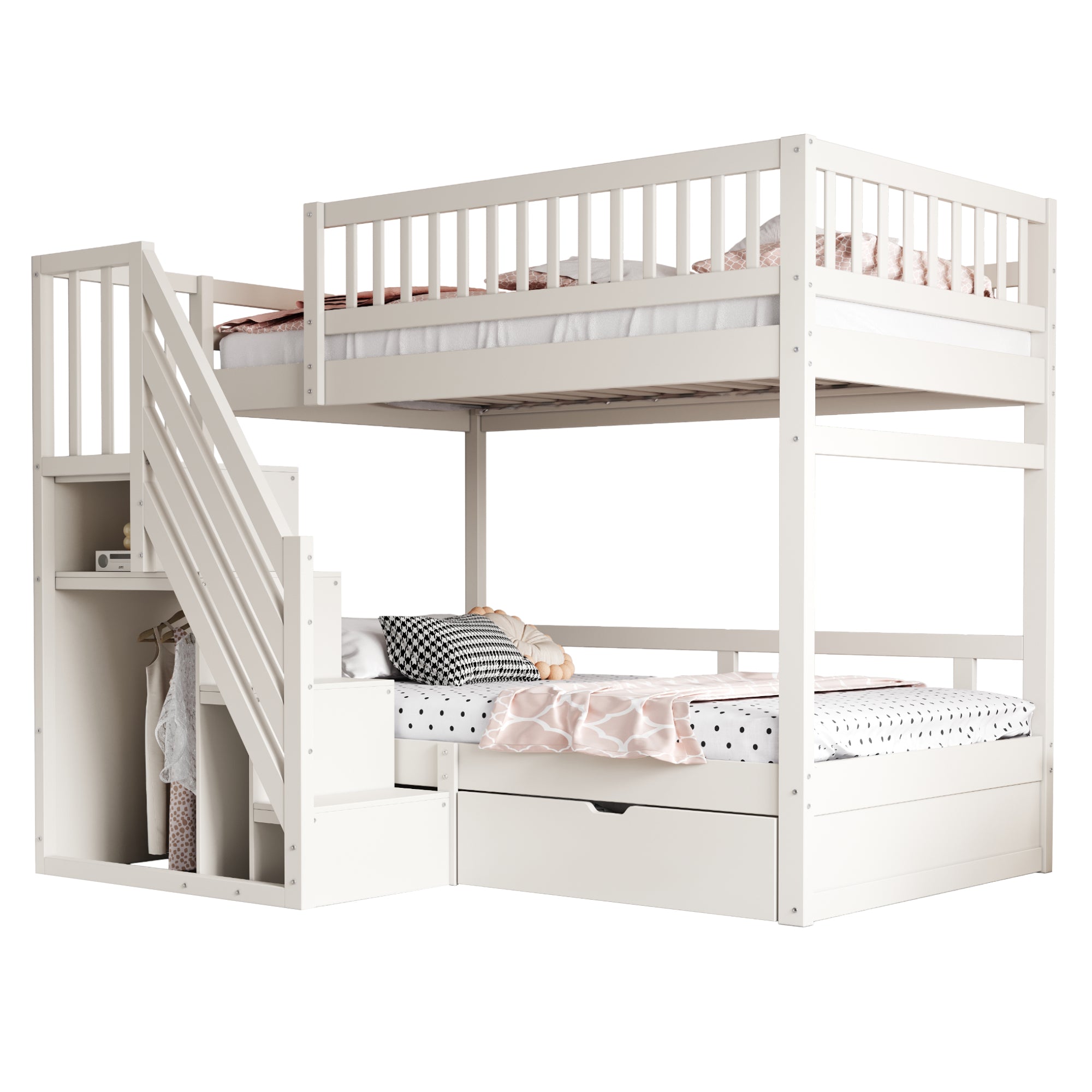 Bunk Bed, 90x200 cm, High Safety Rail, Storage Ladder & Drawers, Solid Wood, White