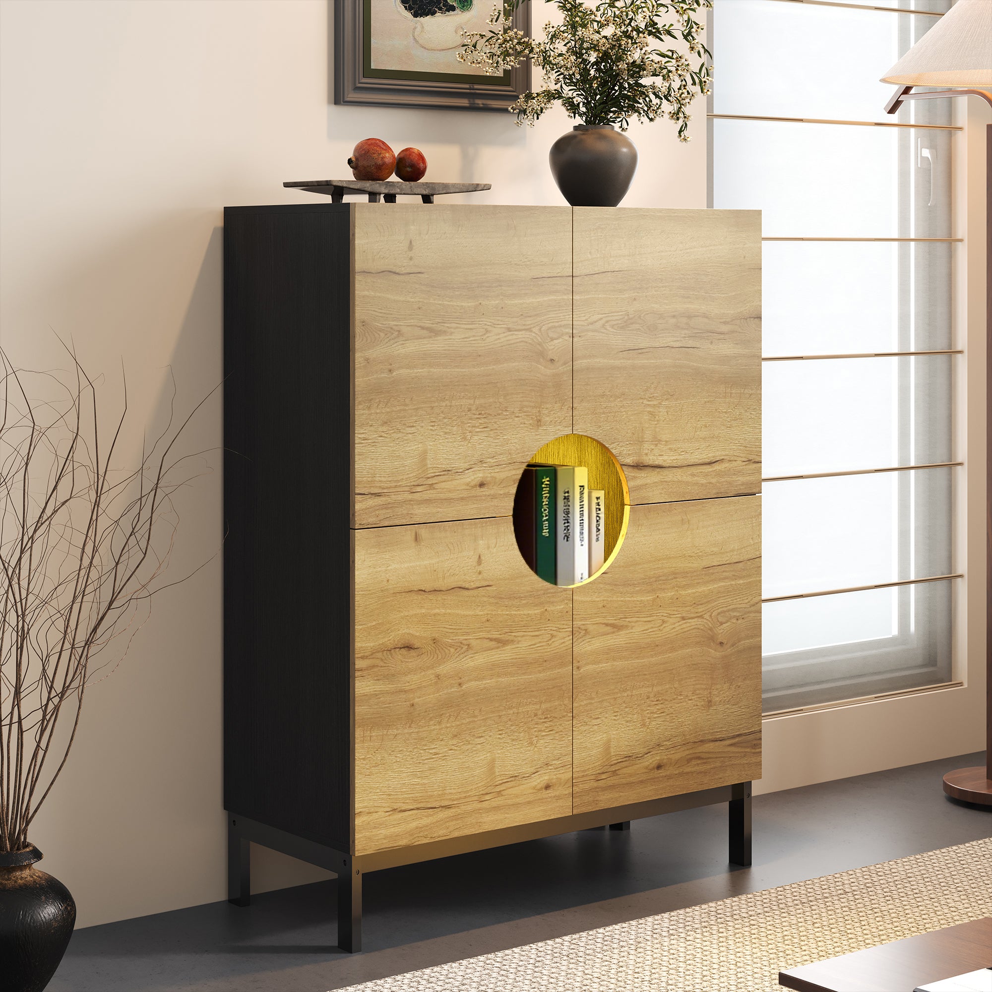 Shoe Cabinet & Display Cabinet 2-in-1, Adjustable Shelves, Solid Wood Legs, Wood Color