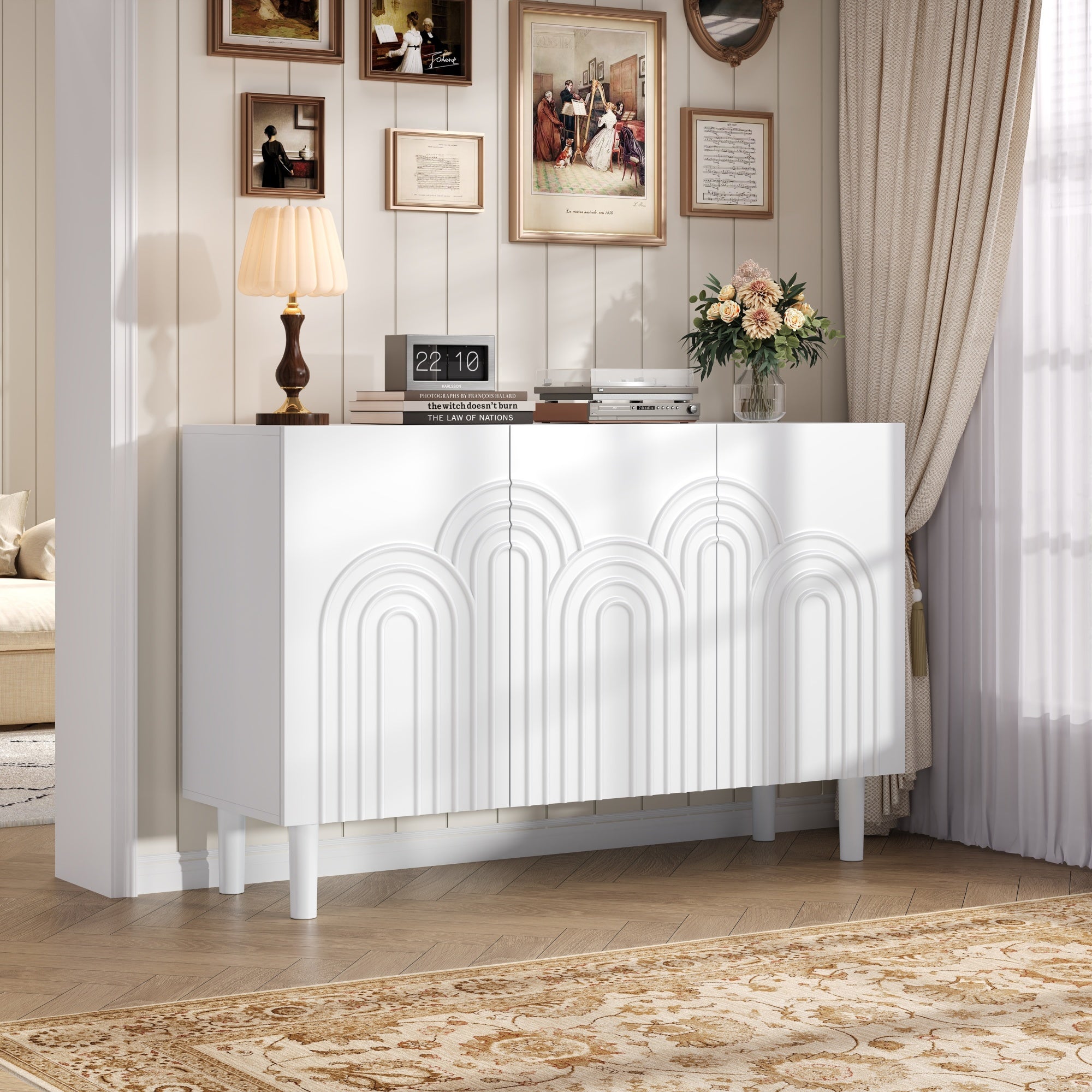 Sideboard Cabinet, 3 Doors Large Storage Adjustable Divider, White MDF