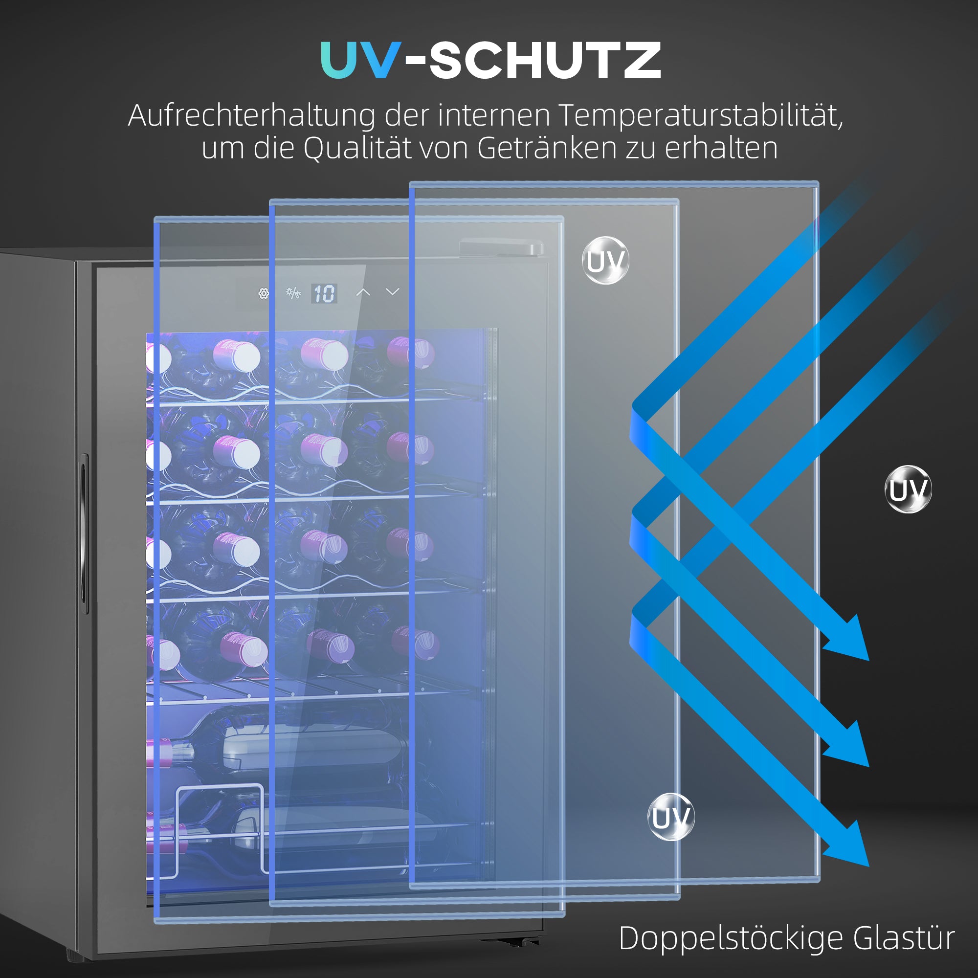 Wine Cooler 20 Bottle 53L 5-18°C Compressor Anti-UV LED Touch Screen, Black