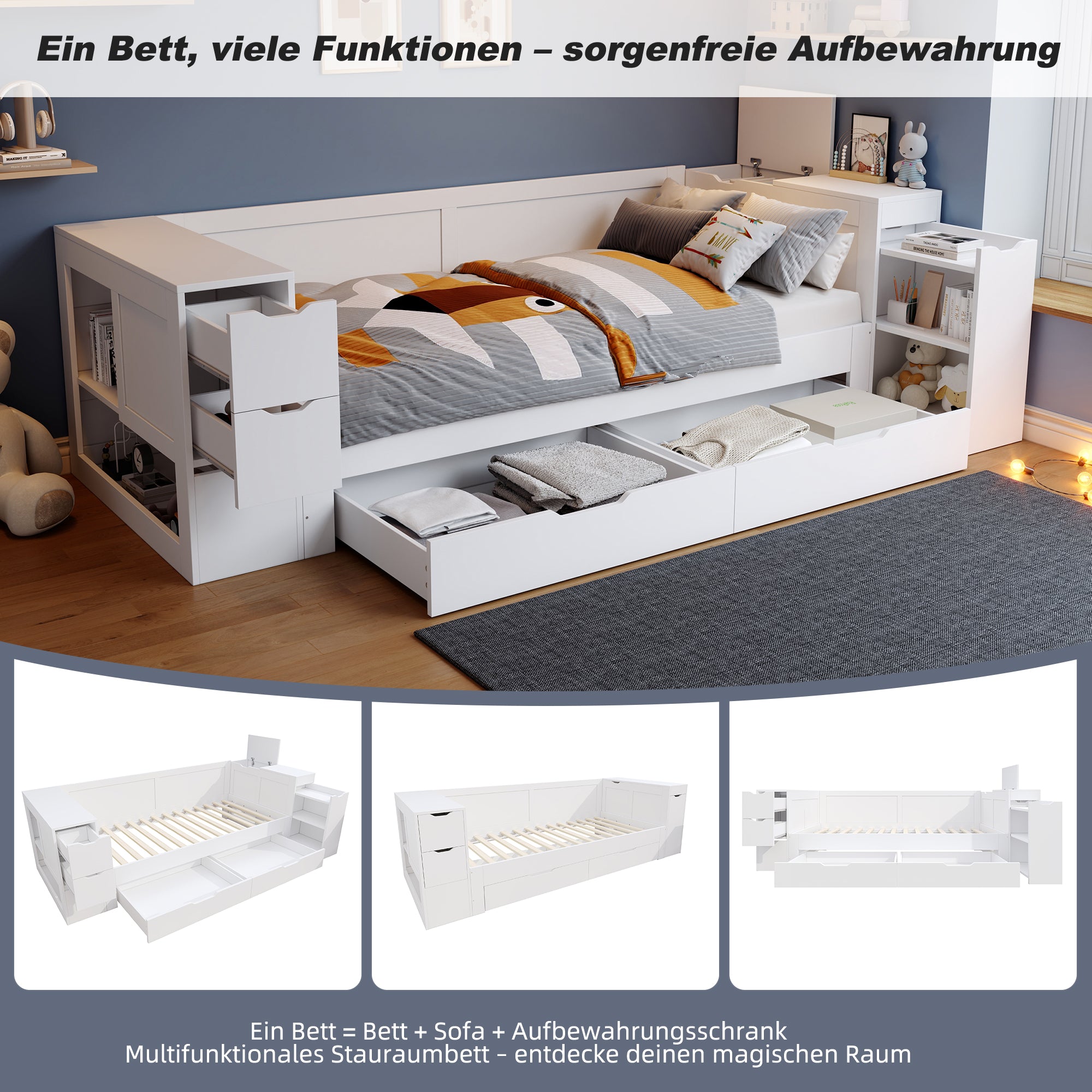 Children's Daybed 90x200cm Multifunctional Single Bed with Storage Drawers Shelves and Bedside Table White