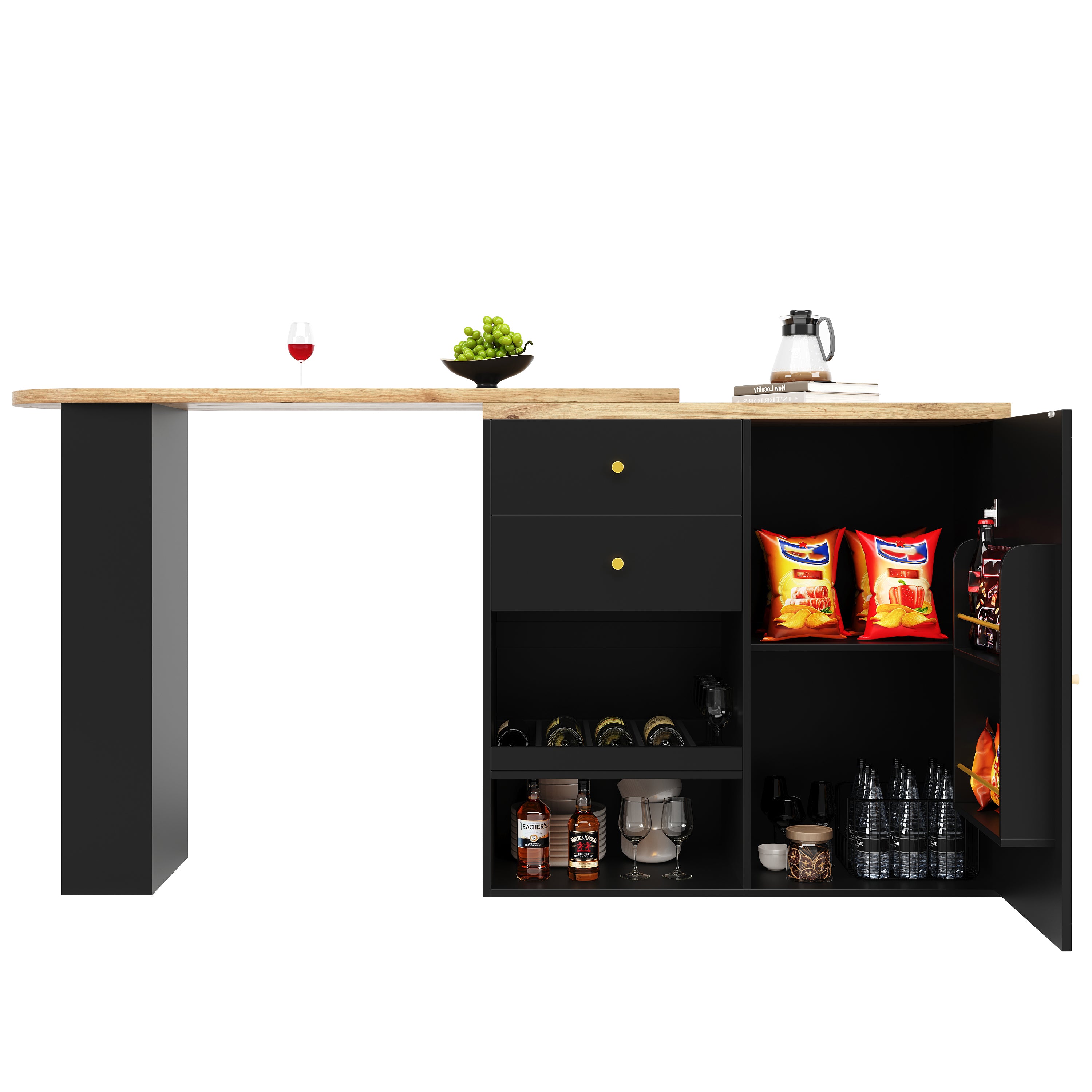 Rotating Bar Table Multifunctional Storage with 2 Drawers and Sliding Door Cabinet