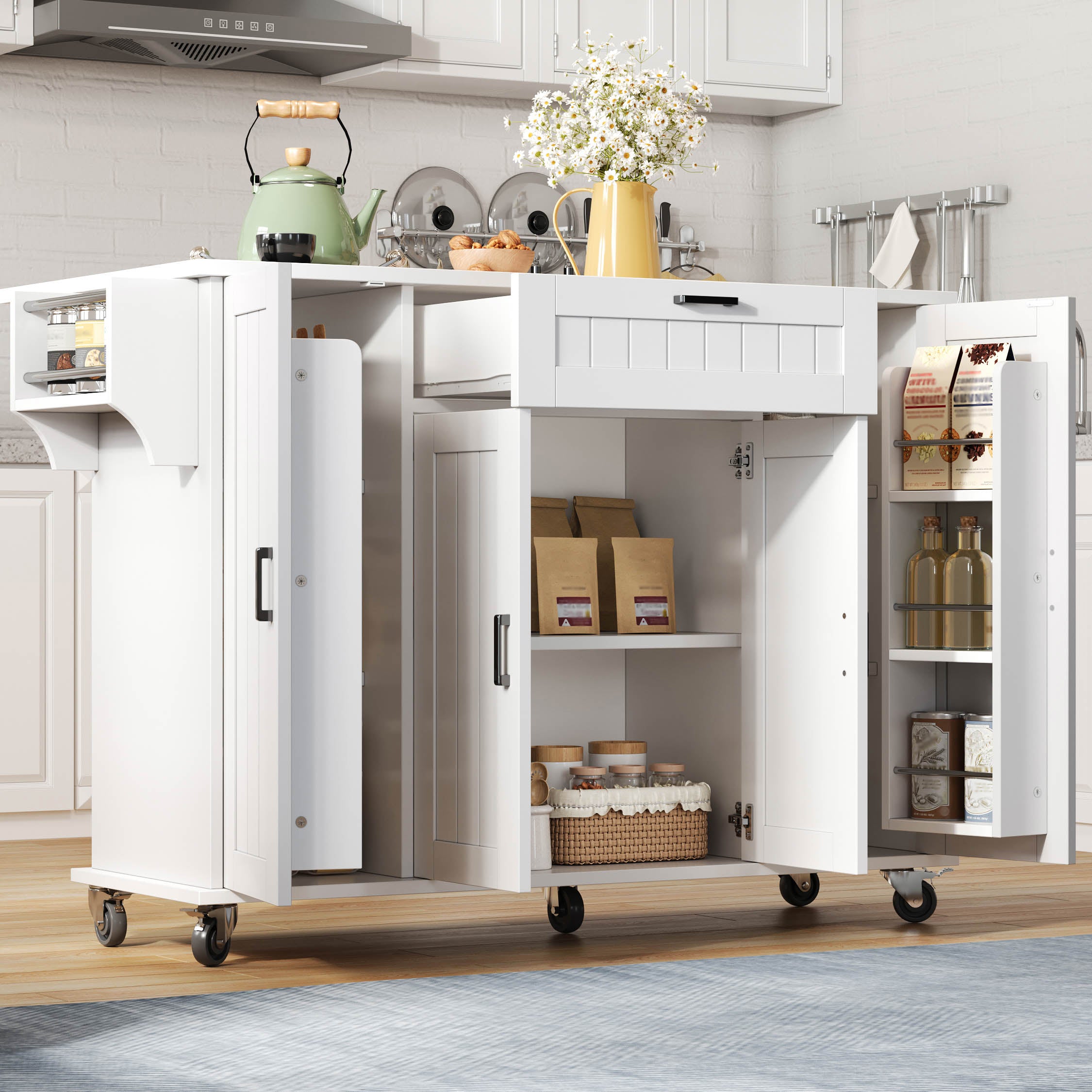 Mobile Kitchen Island Folding Worktop, Cabinet Storage, Spice Racks & Towel Rails - White