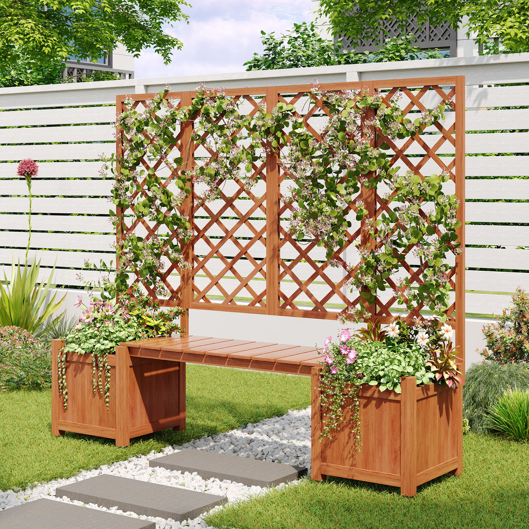 Planter Box with Trellis, Seat & Storage - Brown Solid Fir Wood