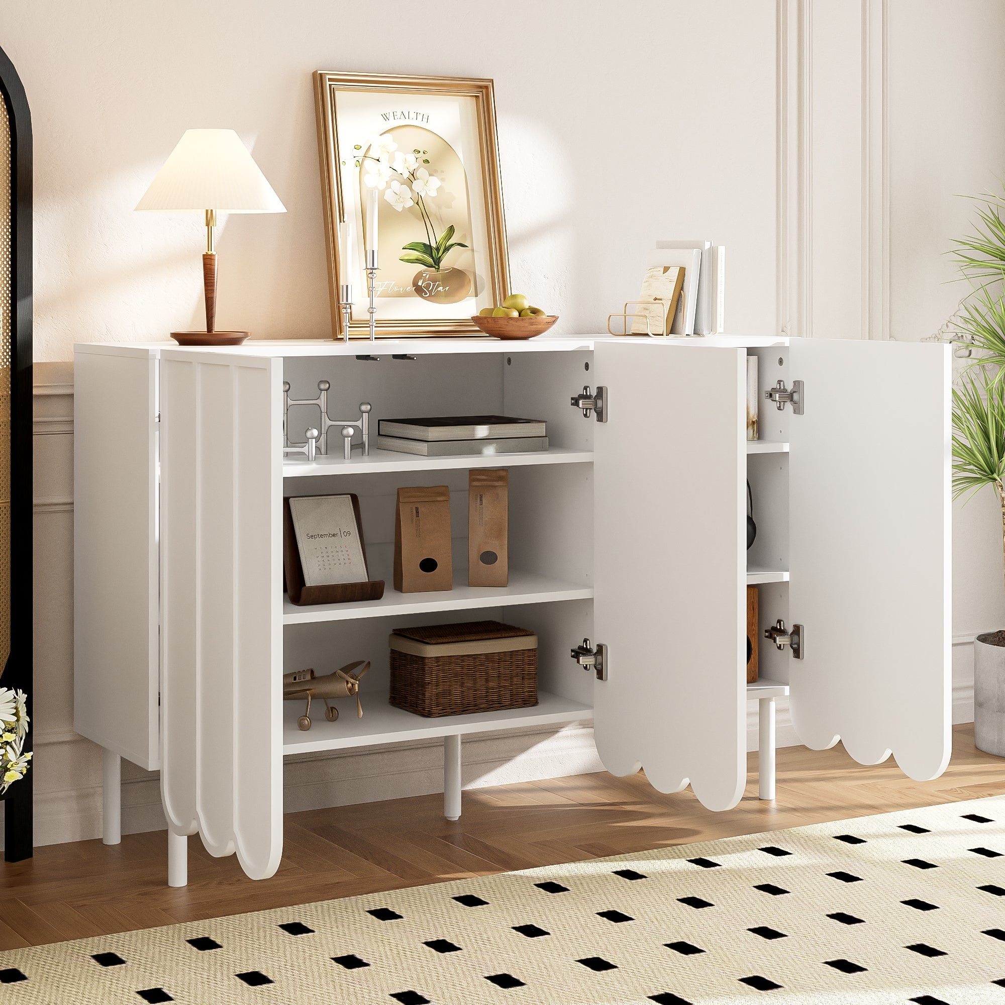 Sideboard, Wave Doors, Handleless, Adjustable Shelves, White
