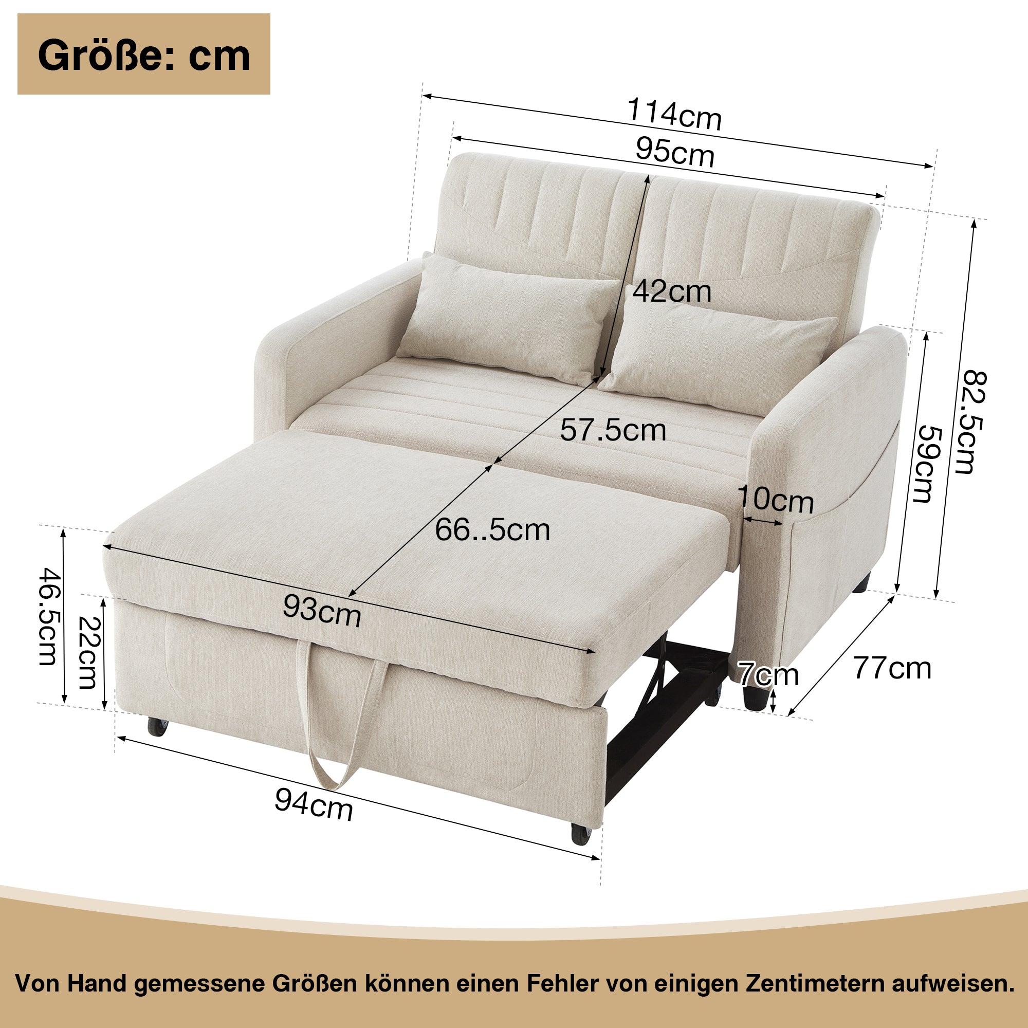Sofa Bed, Two-seater Folding Extendable with Adjustable Backrest, Cotton Linen Fabric