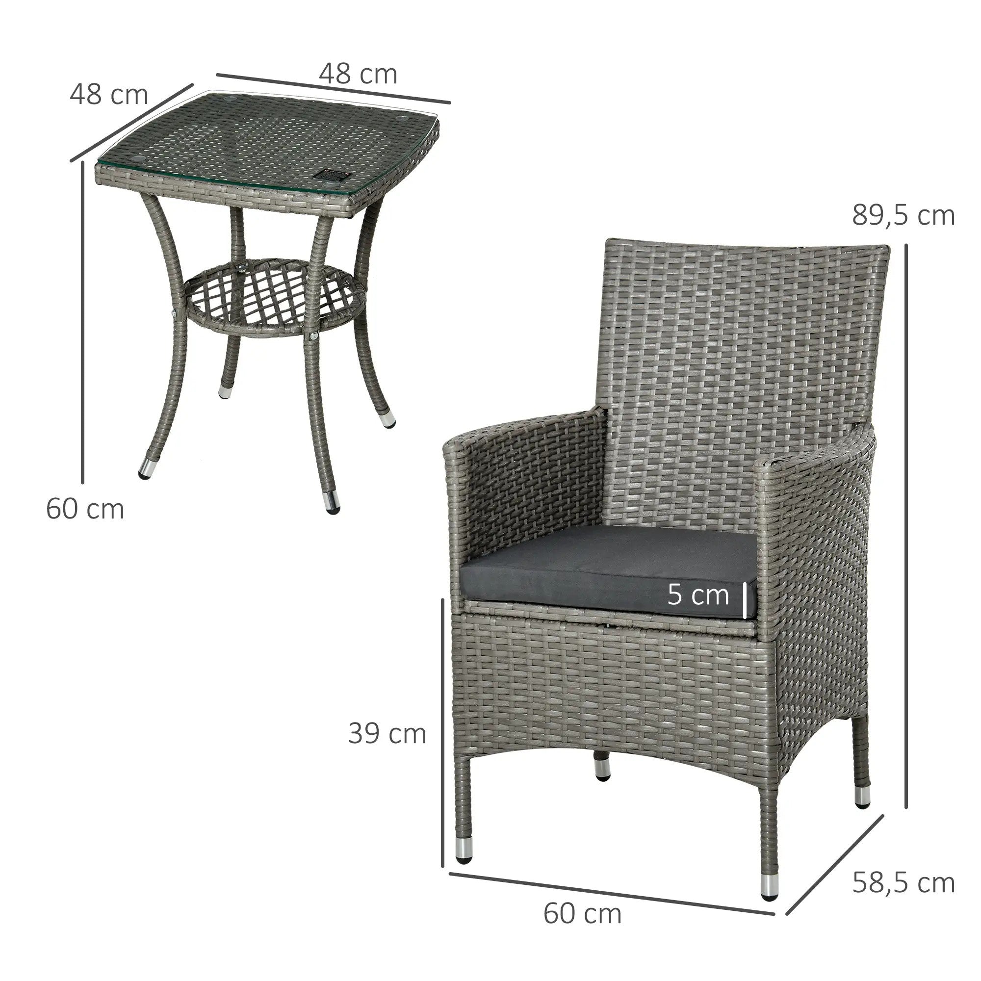 Rattan Garden Furniture Set, 3-Piece Bistro with Side Table, Black/Brown