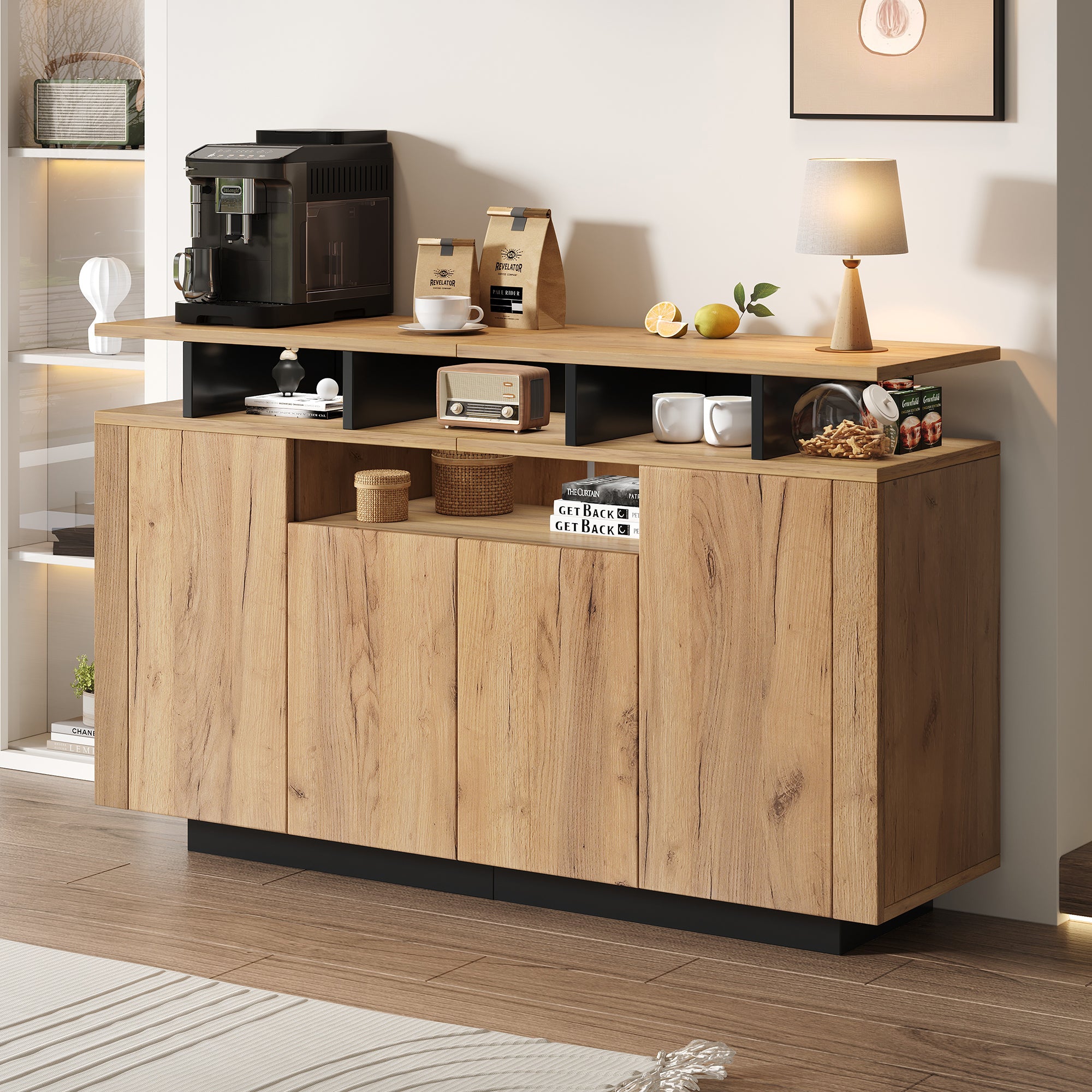 Sideboard Chest of Drawers with 4 Doors and 3 Open Compartments, Natural