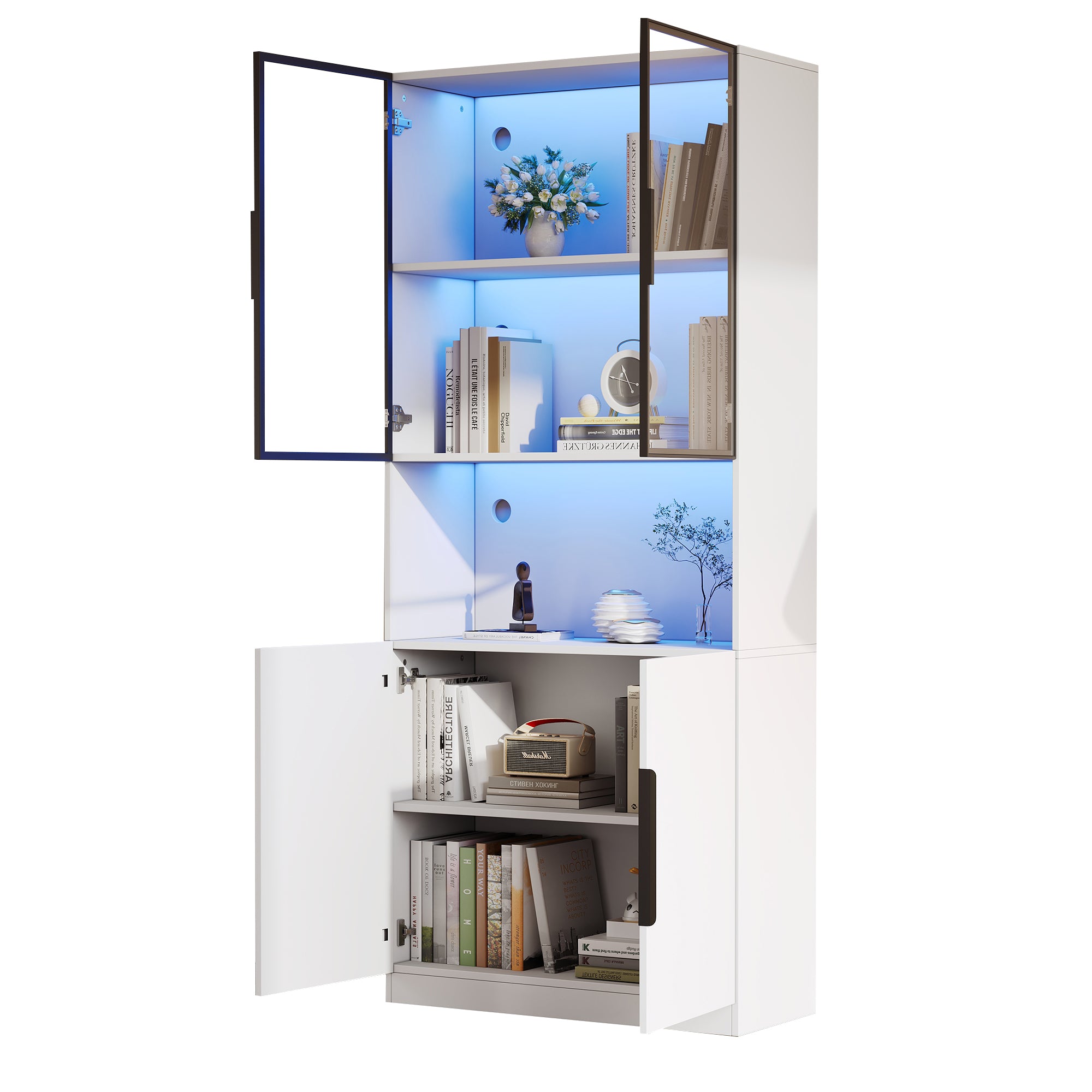 Display Cabinet, Glass Doors LED Lights Bookshelf, White