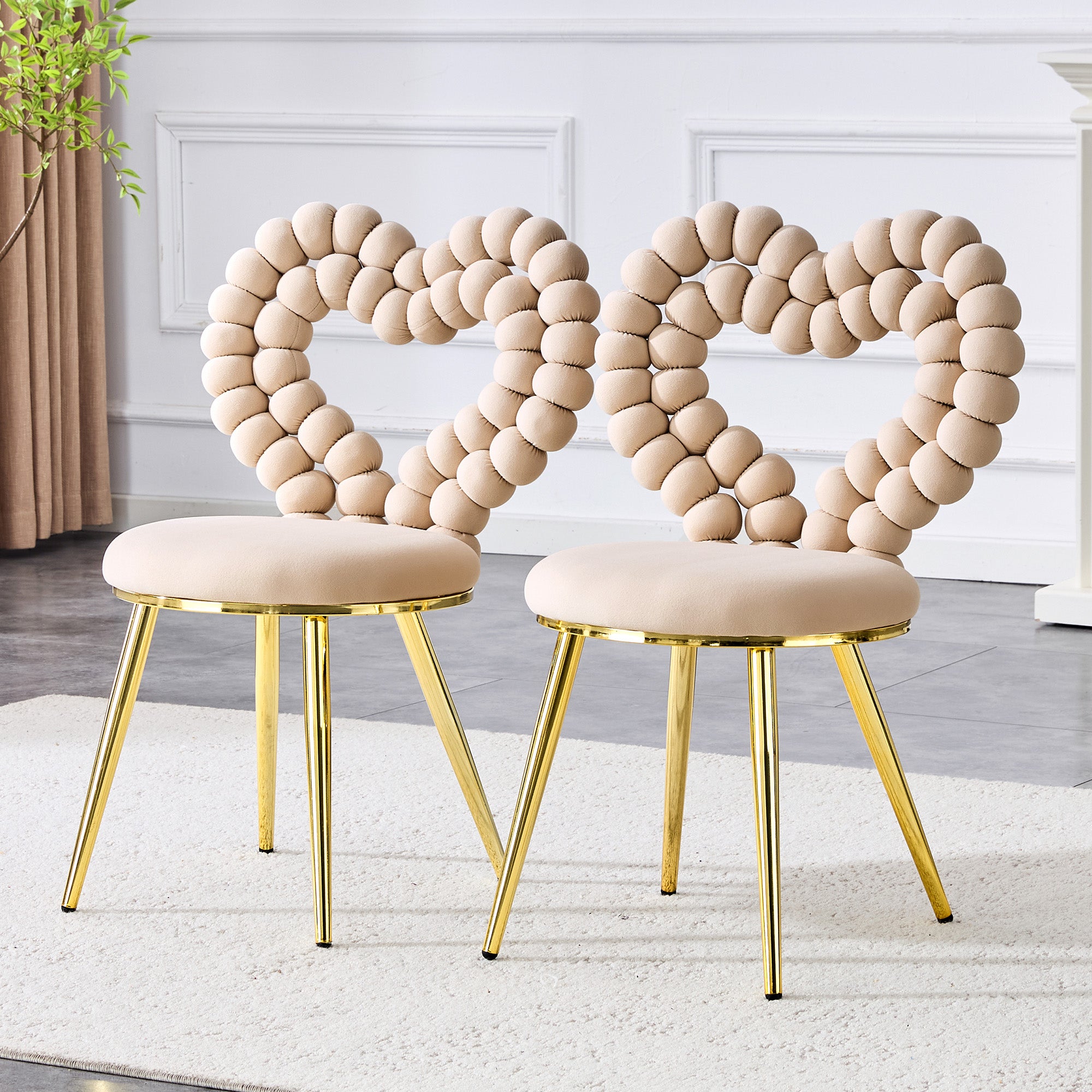 Dining Chairs (Set of 2), Heart-Shaped Cutout Backrest, Gold-Plated Legs, Light Beige Velvet