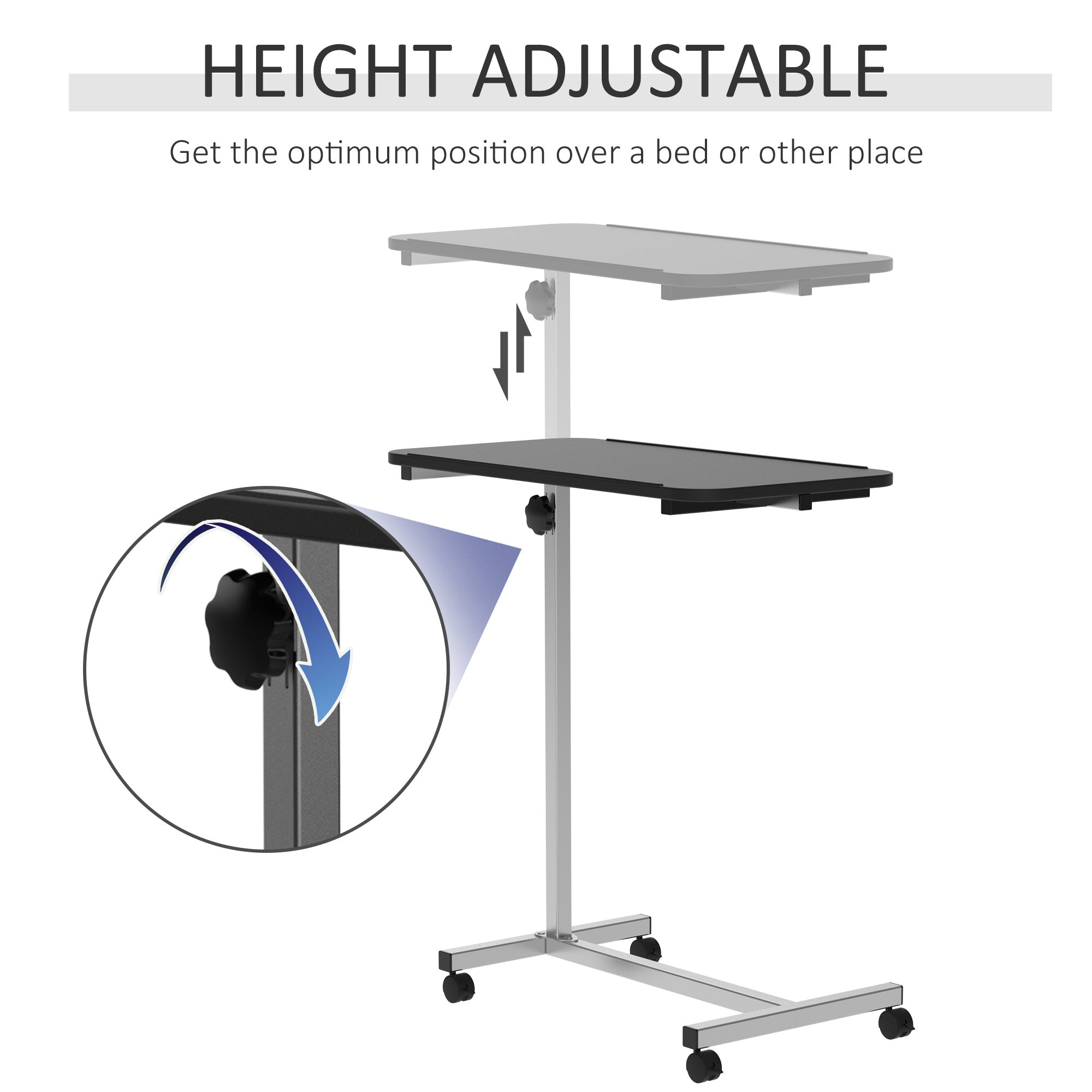 Over Bed Table Height Adjustable C Shaped Laptop Desk Portable with Wheels, Black
