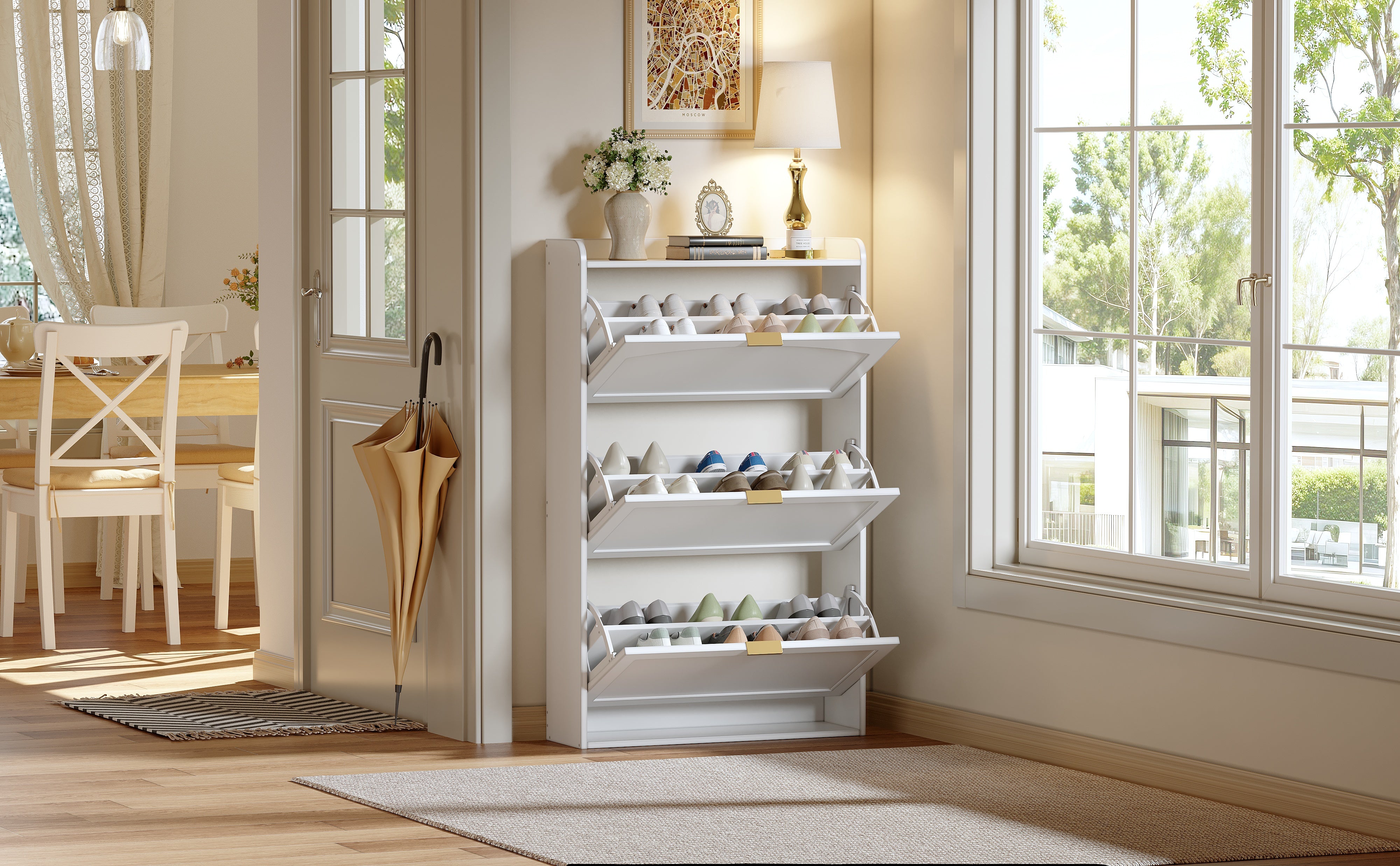 Narrow Shoe Cabinet, 3 Flaps Shoe Cupboard, White Particleboard