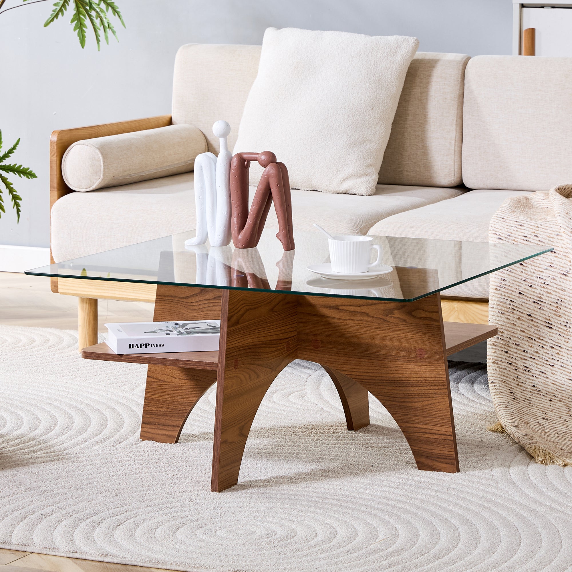 Square Side Table 80cm Tempered Glass MDF Legs - Walnut Finish