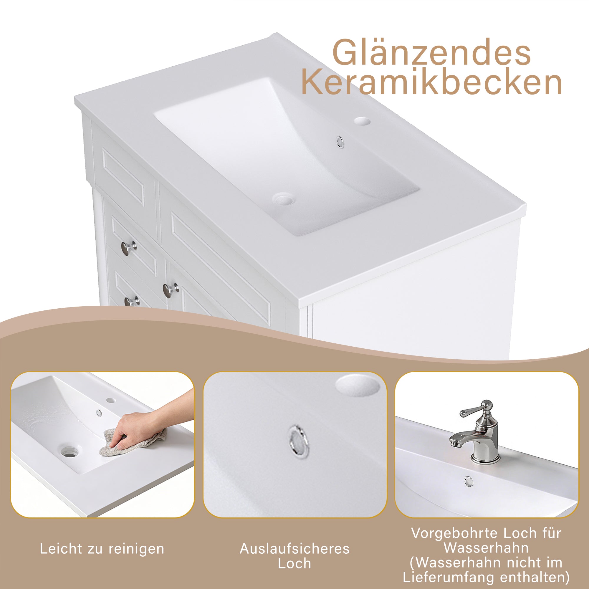 Bathroom Vanity Unit with Sink and 2 Storage Drawers, White