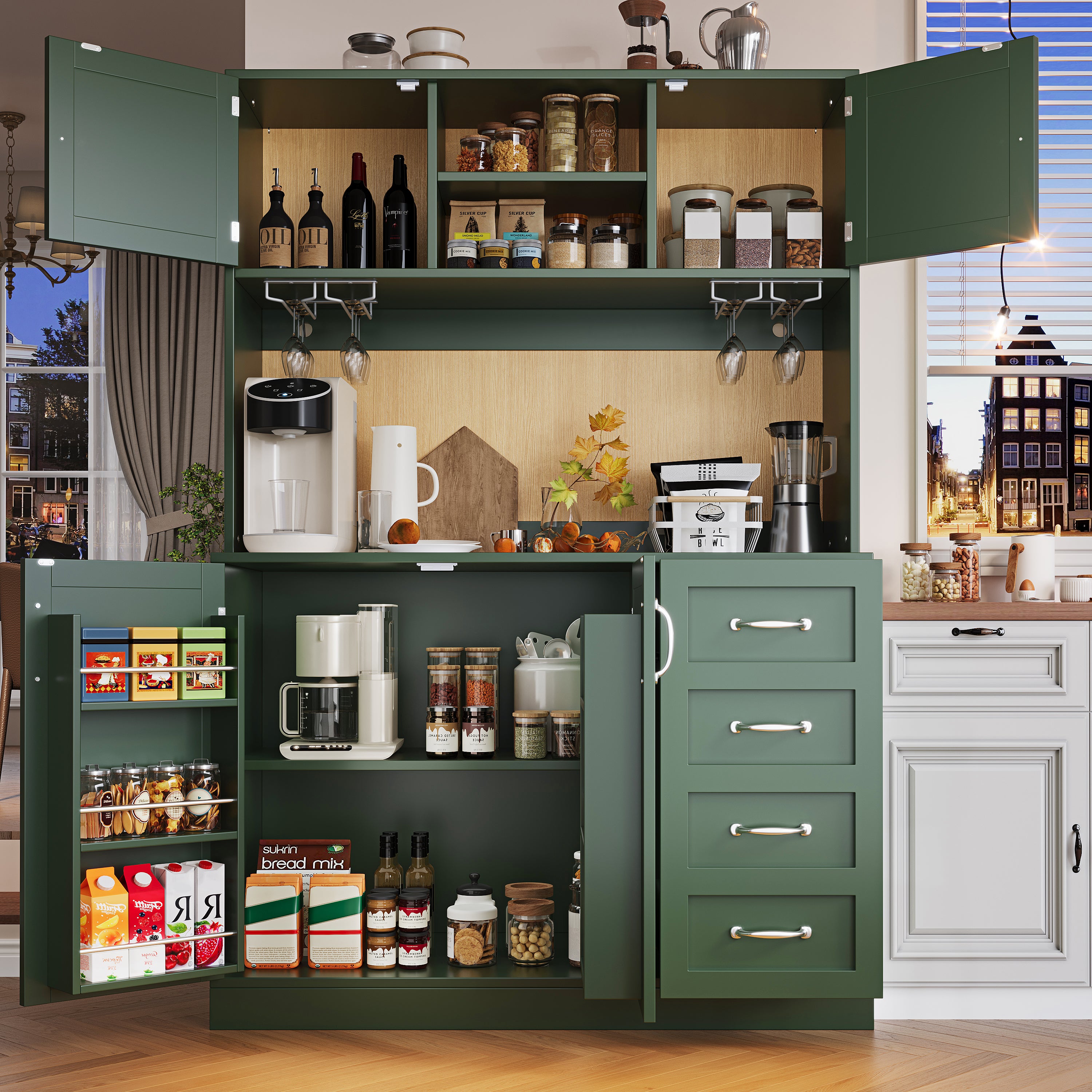 Sideboard with LED Lighting and Drink Holders, Green and White