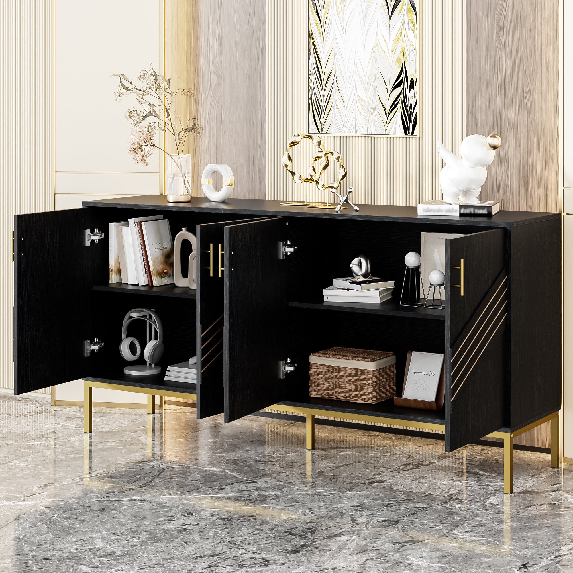 Sideboard, 4-Door Modern Large Capacity with Adjustable Shelves, Black and Gold MDF
