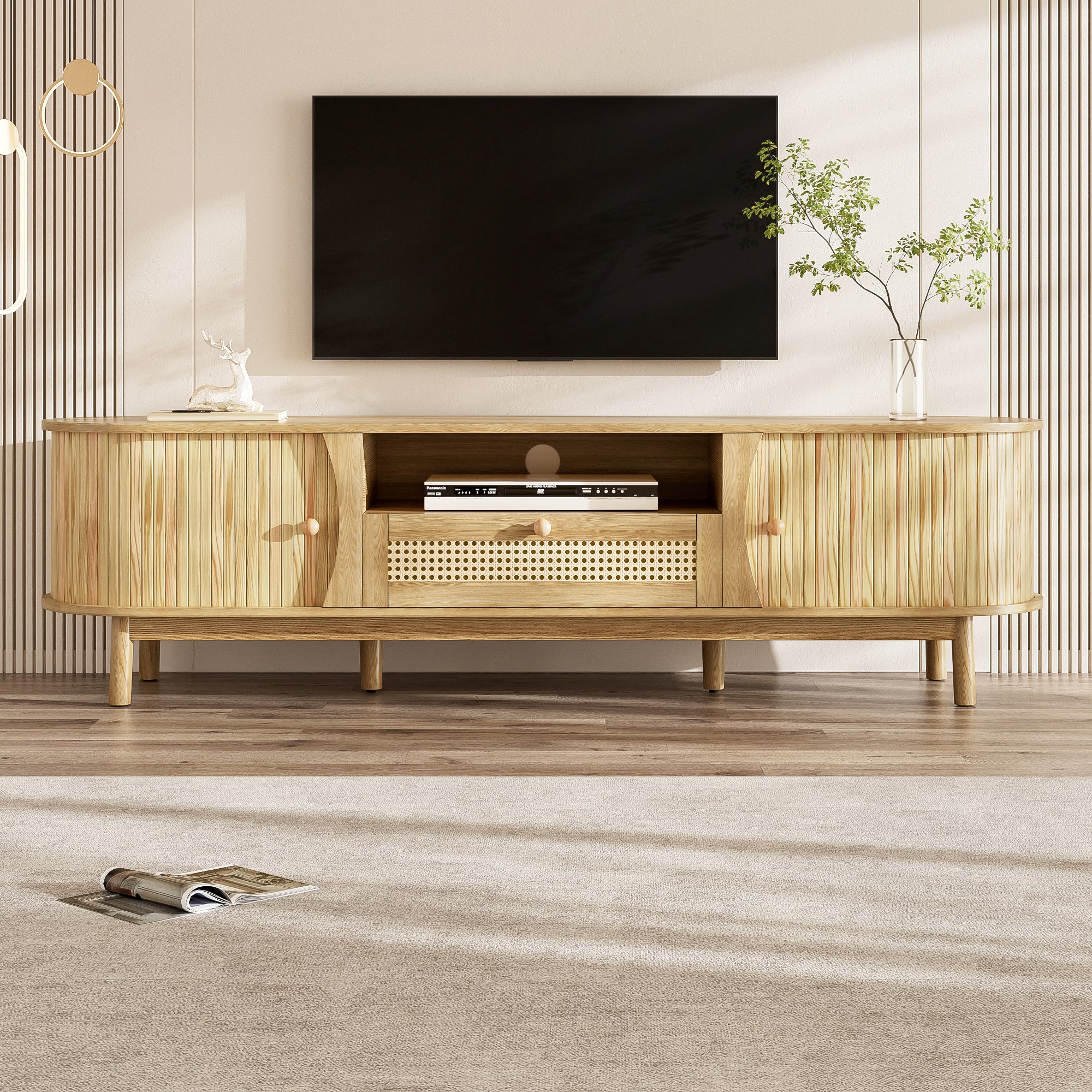 TV Cabinet Rattan Doors Drawers Low Profile - Country Style
